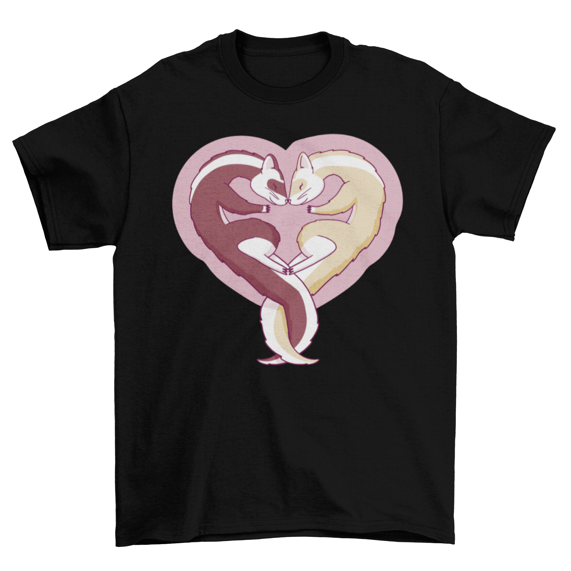 A lovely t-shirt featuring two ferrets forming a heart shape, symbolizing love and companionship.