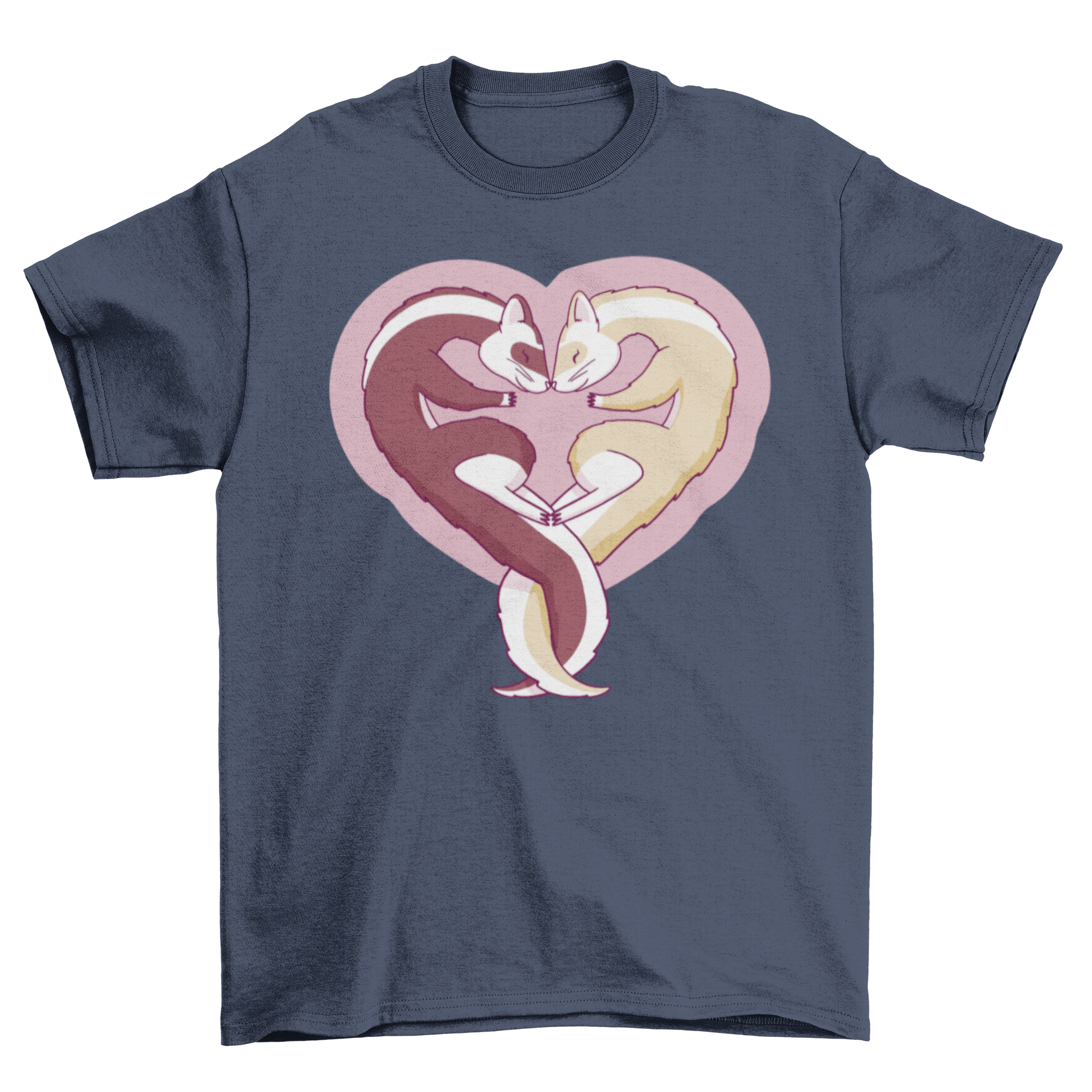 A lovely t-shirt featuring two ferrets forming a heart shape, symbolizing love and companionship.