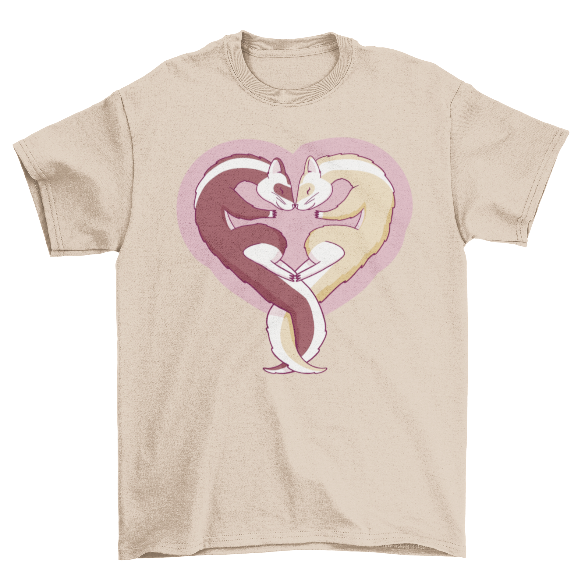 A lovely t-shirt featuring two ferrets forming a heart shape, symbolizing love and companionship.