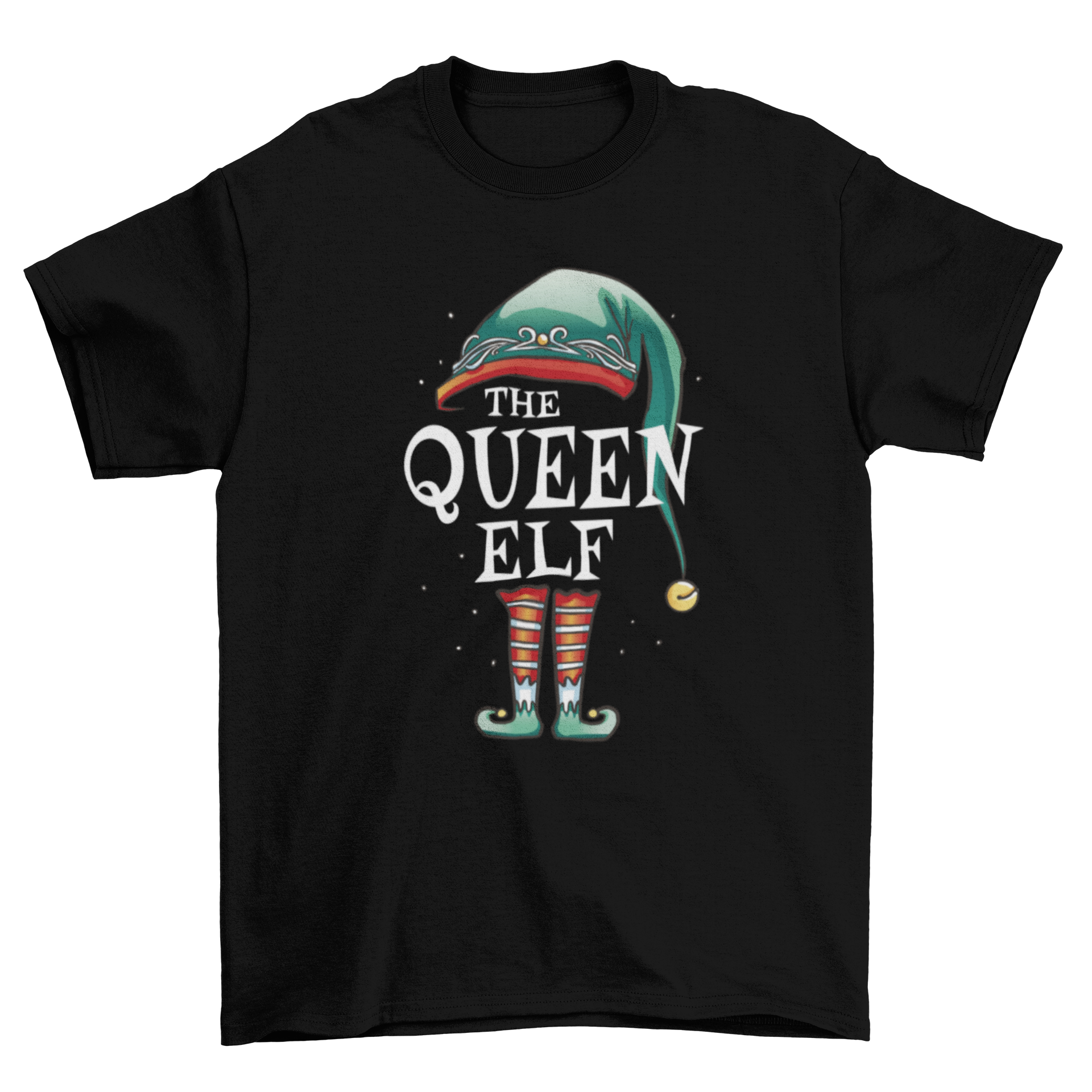 Festive Queen Elf T-shirt featuring an elf hat and boots with the quote 'The queen elf' in a playful design.