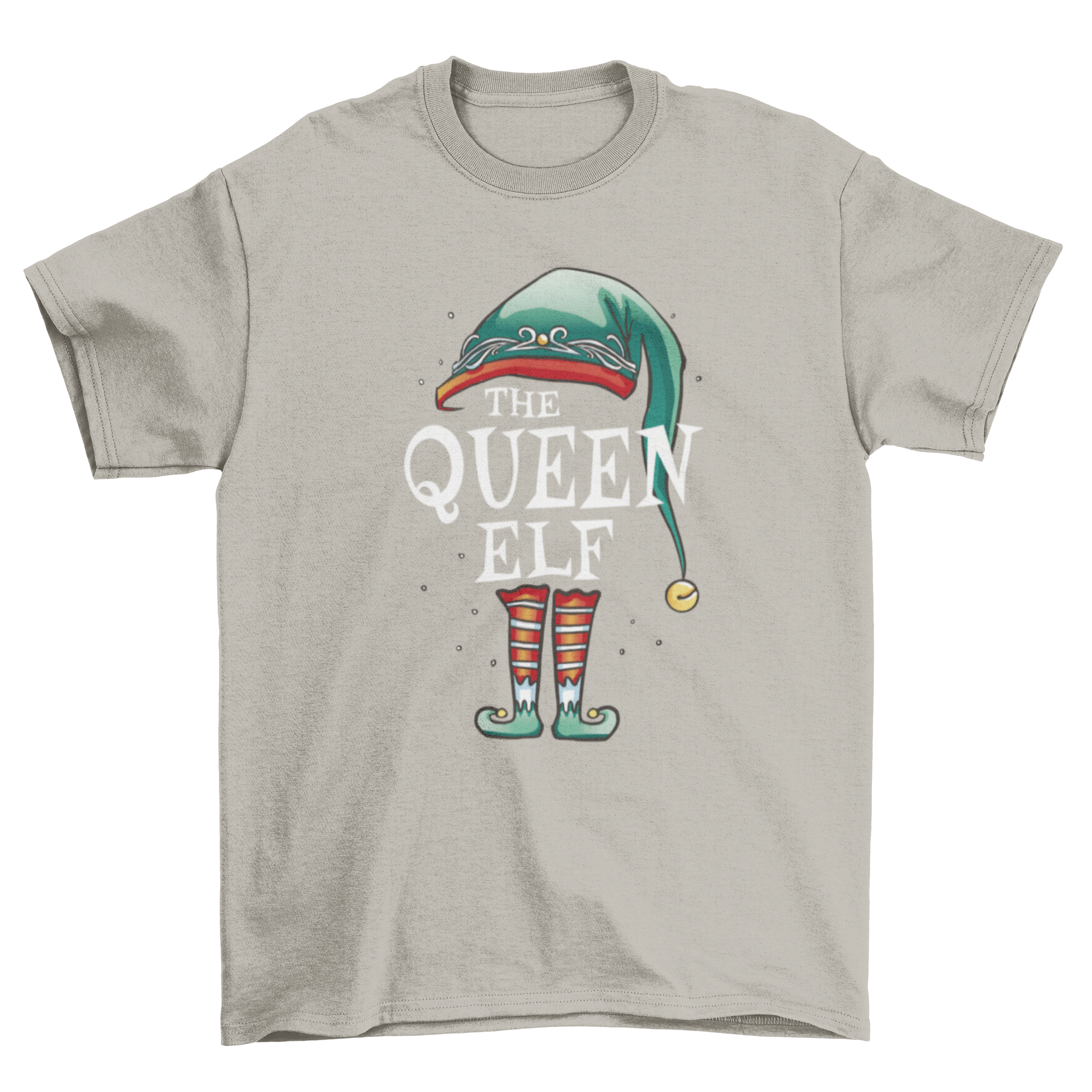 Festive Queen Elf T-shirt featuring an elf hat and boots with the quote 'The queen elf' in a playful design.