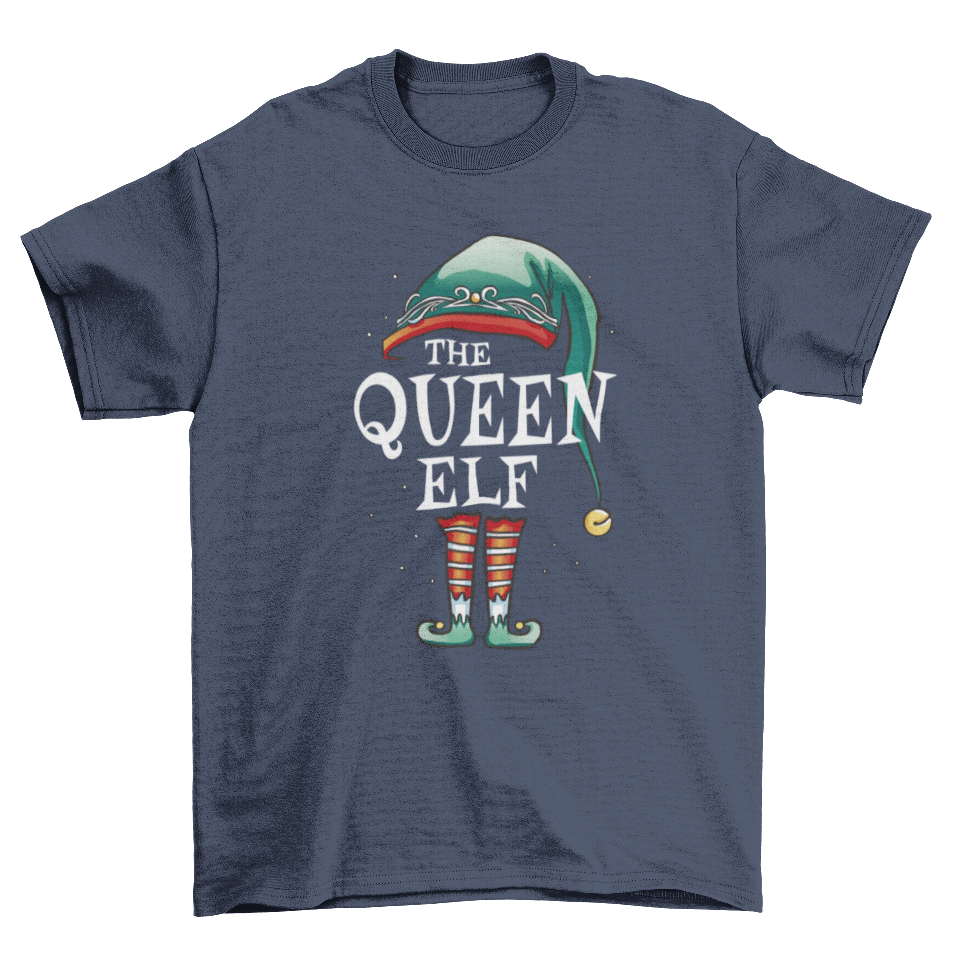 Festive Queen Elf T-shirt featuring an elf hat and boots with the quote 'The queen elf' in a playful design.