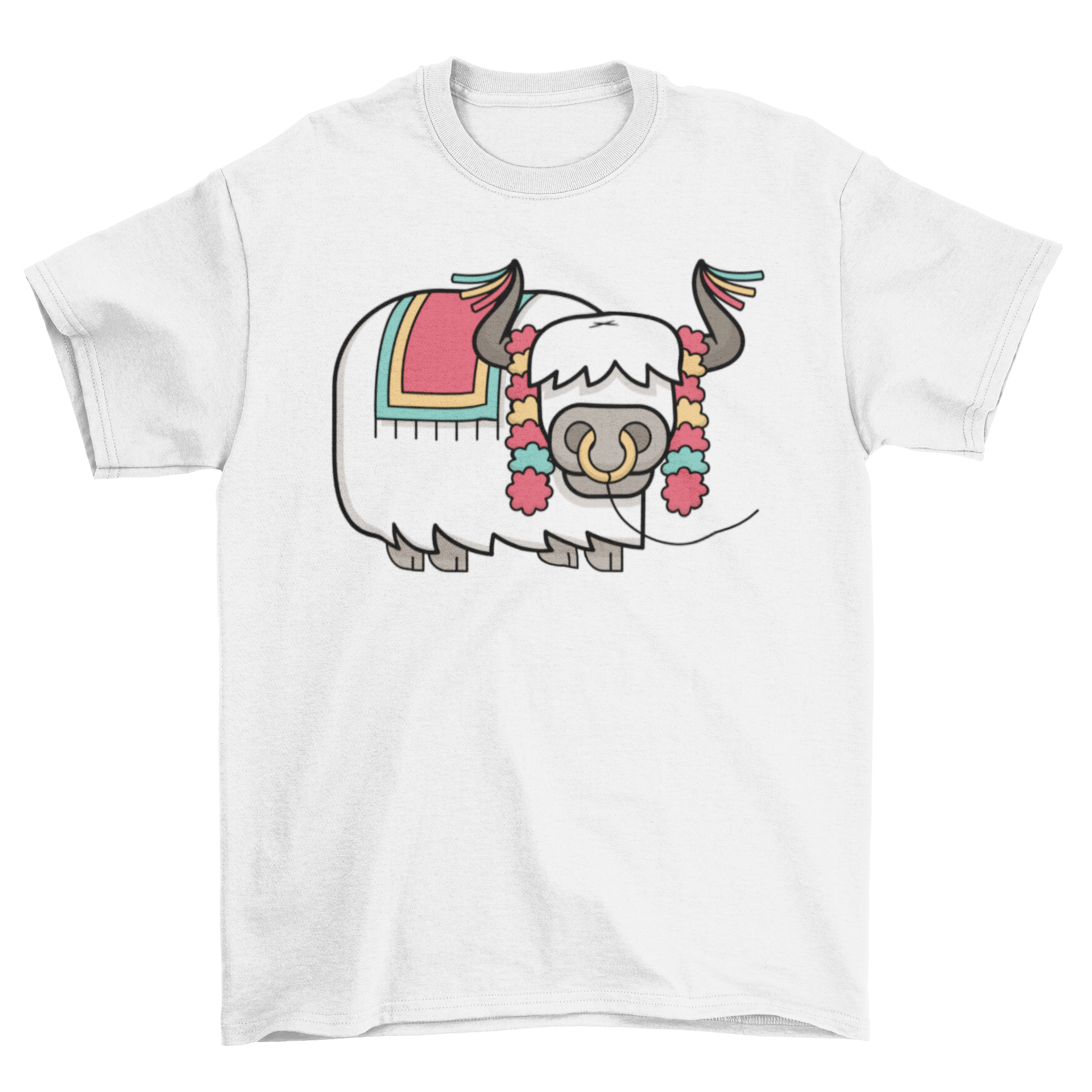 A festive yak t-shirt featuring a colorful illustration of a yak in a holiday costume, perfect for seasonal celebrations.