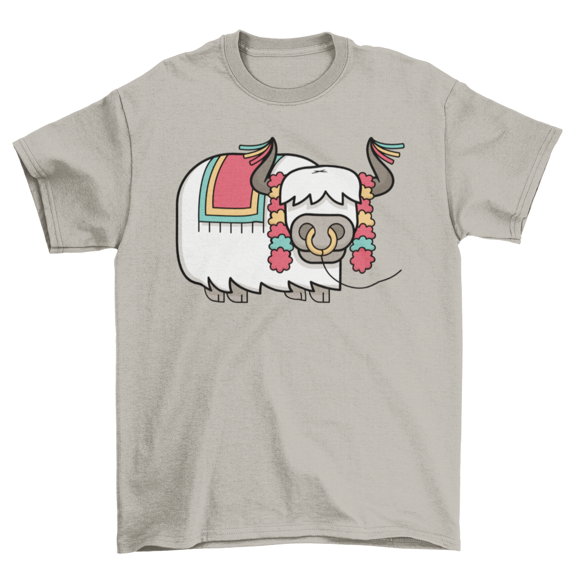 A festive yak t-shirt featuring a colorful illustration of a yak in a holiday costume, perfect for seasonal celebrations.