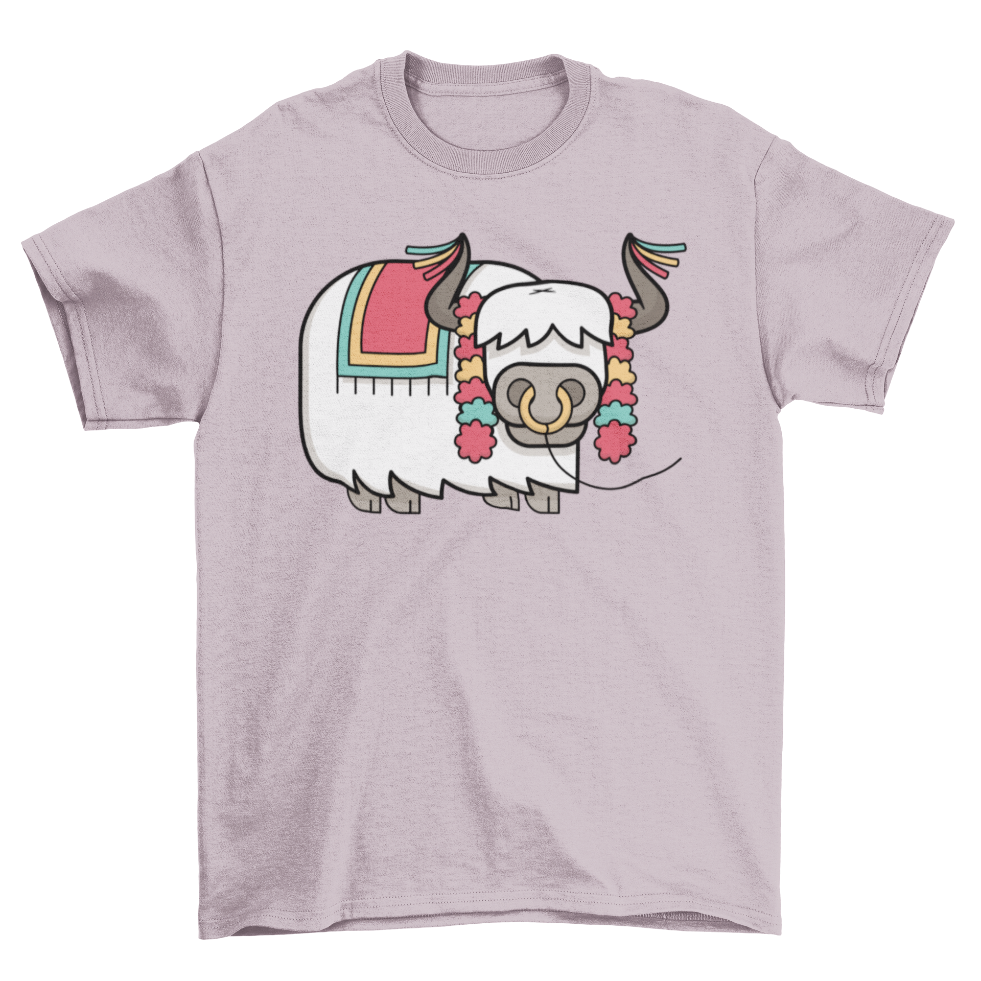 A festive yak t-shirt featuring a colorful illustration of a yak in a holiday costume, perfect for seasonal celebrations.