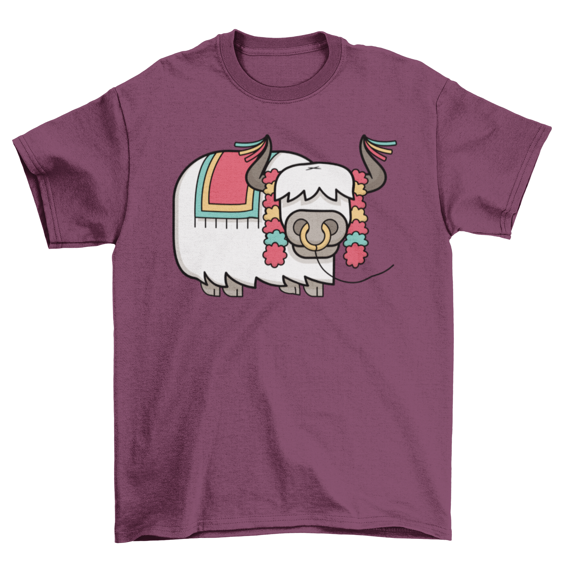 A festive yak t-shirt featuring a colorful illustration of a yak in a holiday costume, perfect for seasonal celebrations.