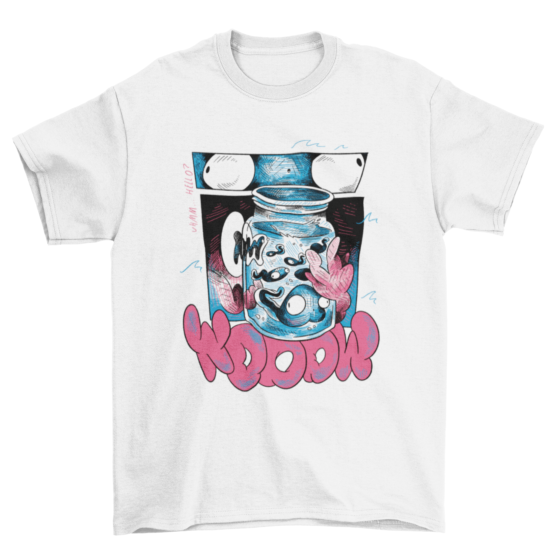 Fich ocean sketch t-shirt design featuring a jar filled with colorful sea animals and the quote 'Wooow'.