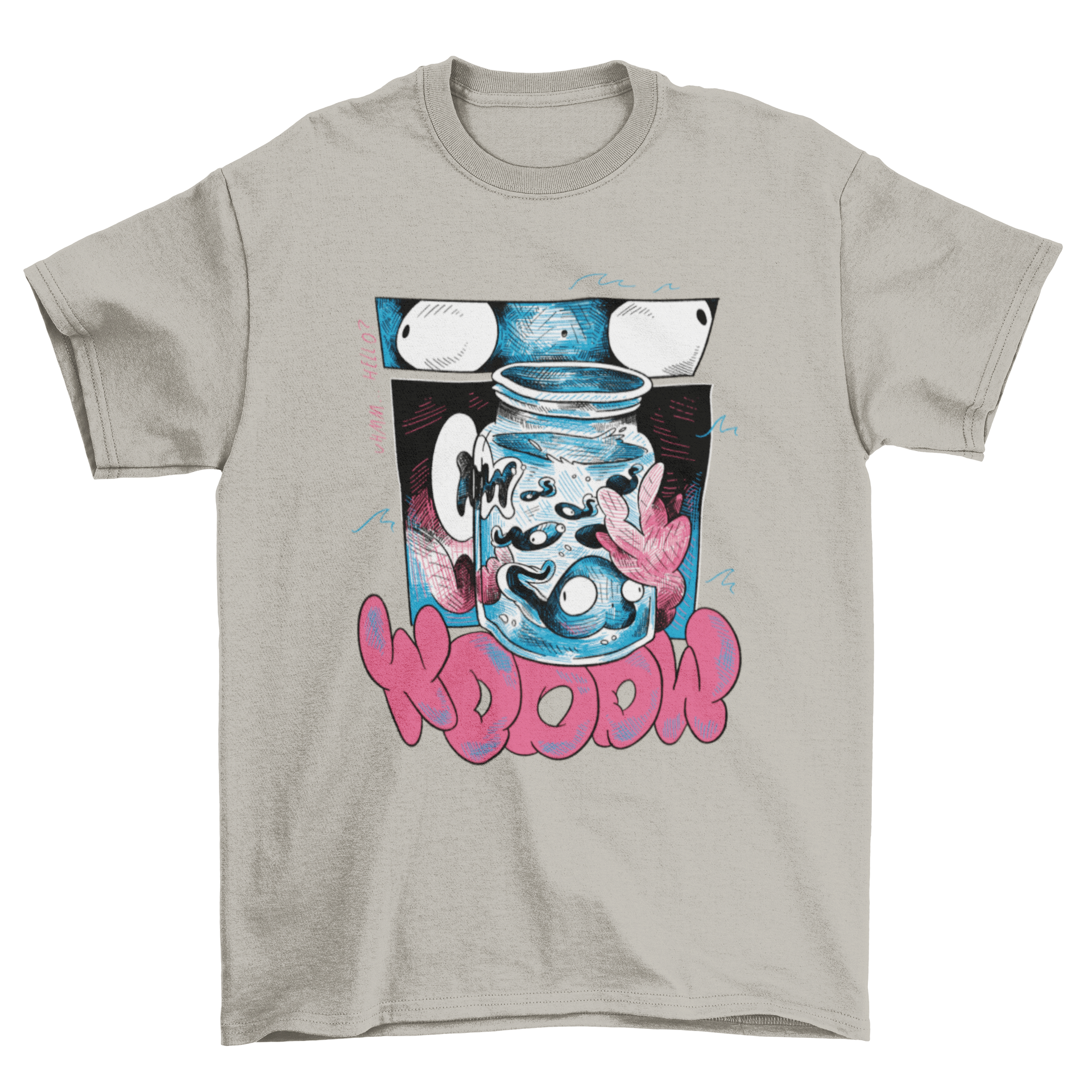 Fich ocean sketch t-shirt design featuring a jar filled with colorful sea animals and the quote 'Wooow'.