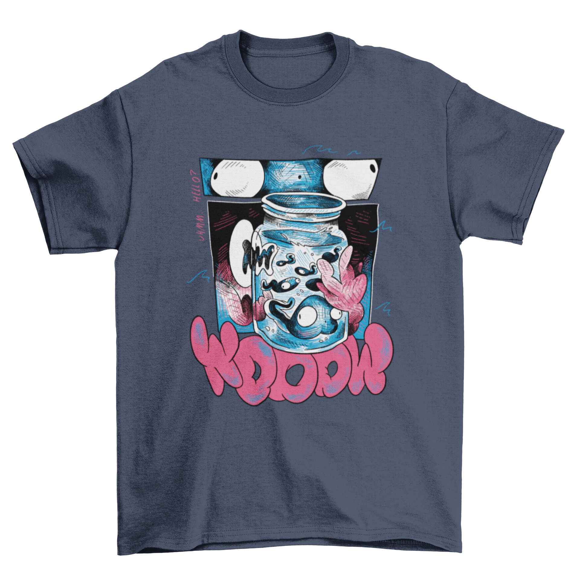 Fich ocean sketch t-shirt design featuring a jar filled with colorful sea animals and the quote 'Wooow'.