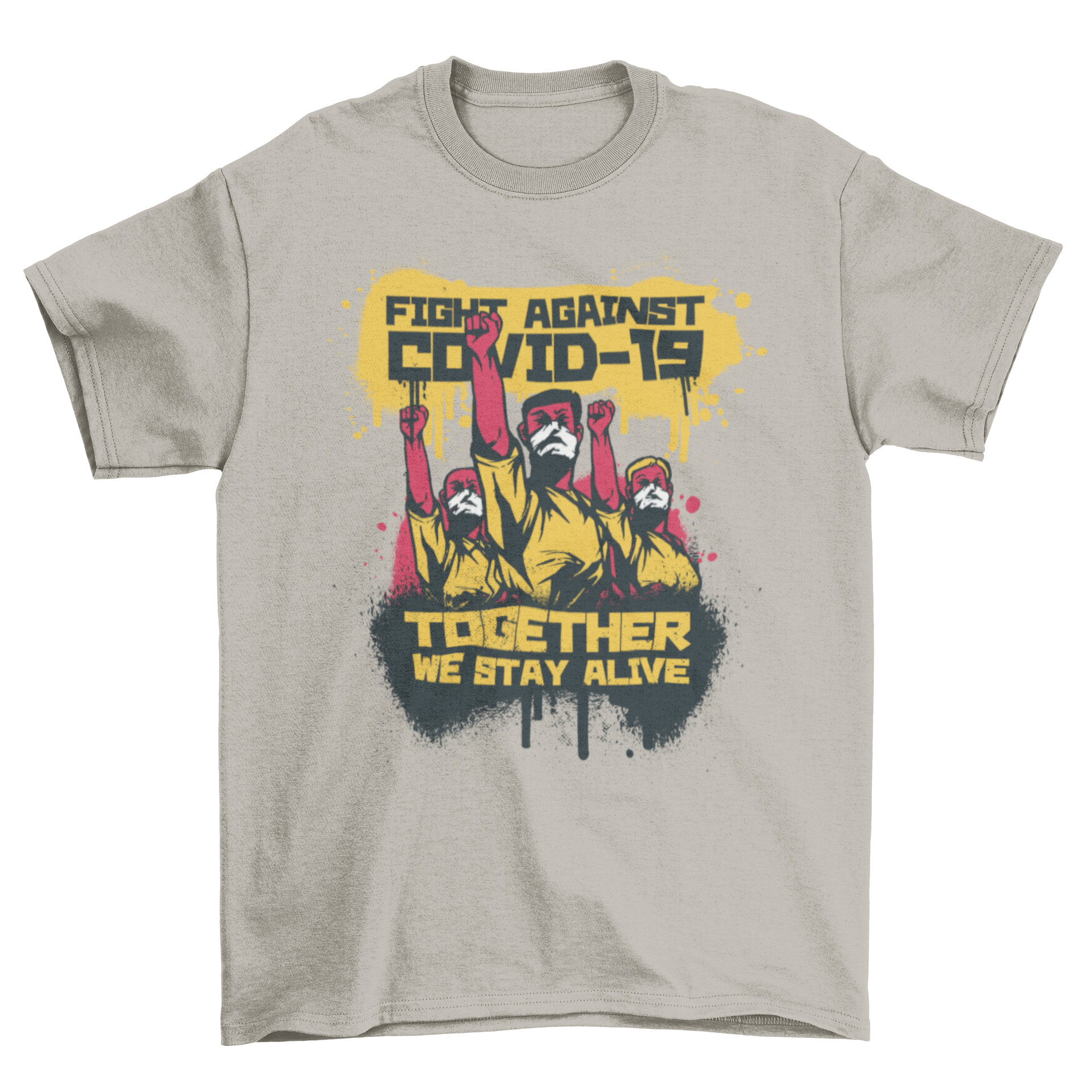 Fight Against COVID-19 T-shirt featuring people in face masks and a motivational quote.