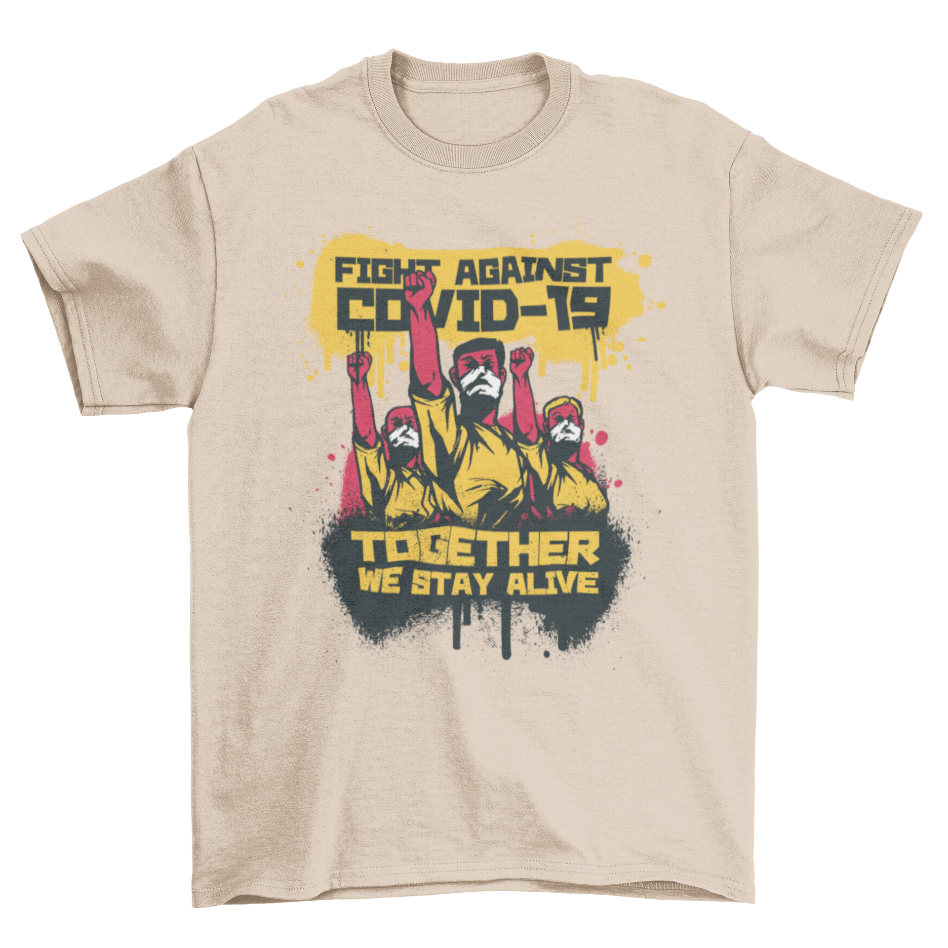 Fight Against COVID-19 T-shirt featuring people in face masks and a motivational quote.