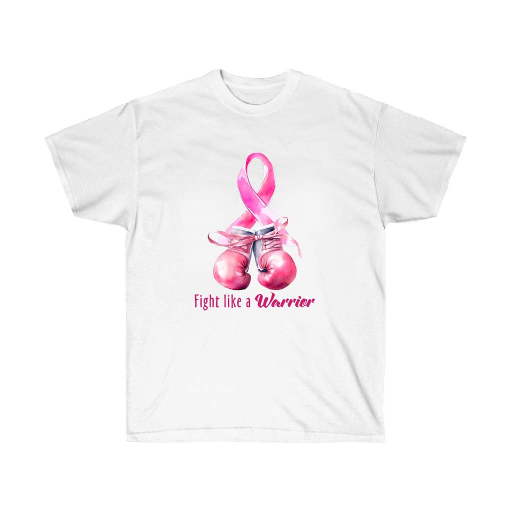 Fight Like a Warrior Pink Ribbon T-Shirt featuring a bold pink ribbon design, made from 100% soft cotton, suitable for unisex wear.