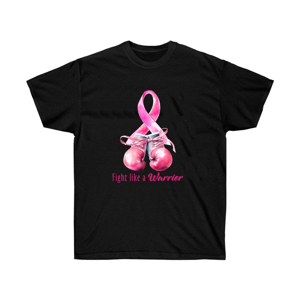 Fight Like a Warrior Pink Ribbon T-Shirt featuring a bold pink ribbon design, made from 100% soft cotton, suitable for unisex wear.