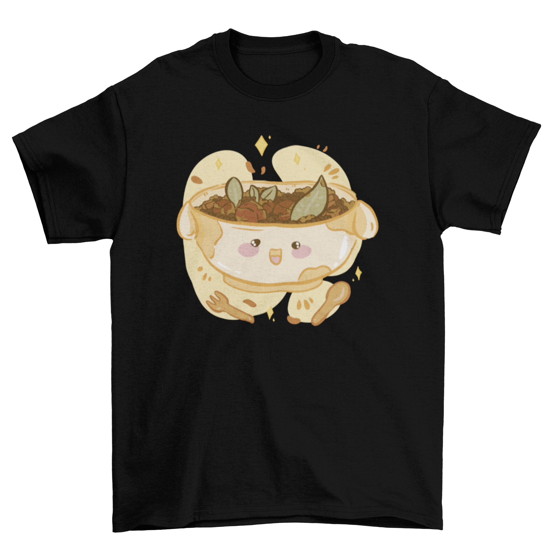 A stylish t-shirt featuring a colorful illustration of Filipino pork adobo, perfect for food lovers.