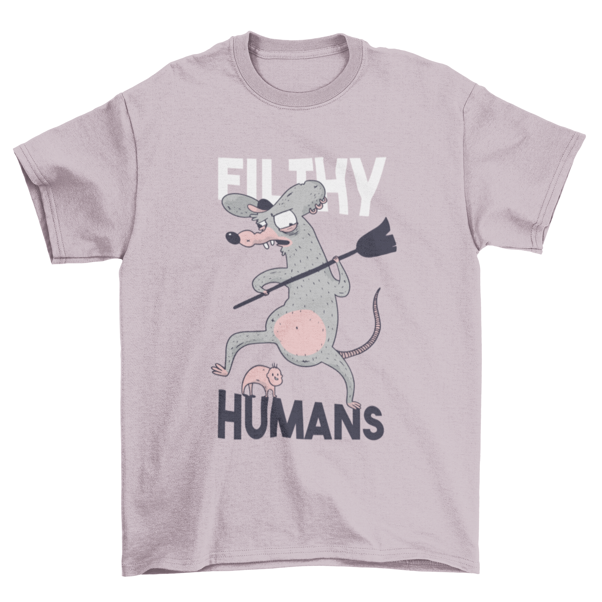 A quirky t-shirt design featuring the quote 'Filthy Humans' with an illustration of a rat holding a broom, ready to hit a tiny human.