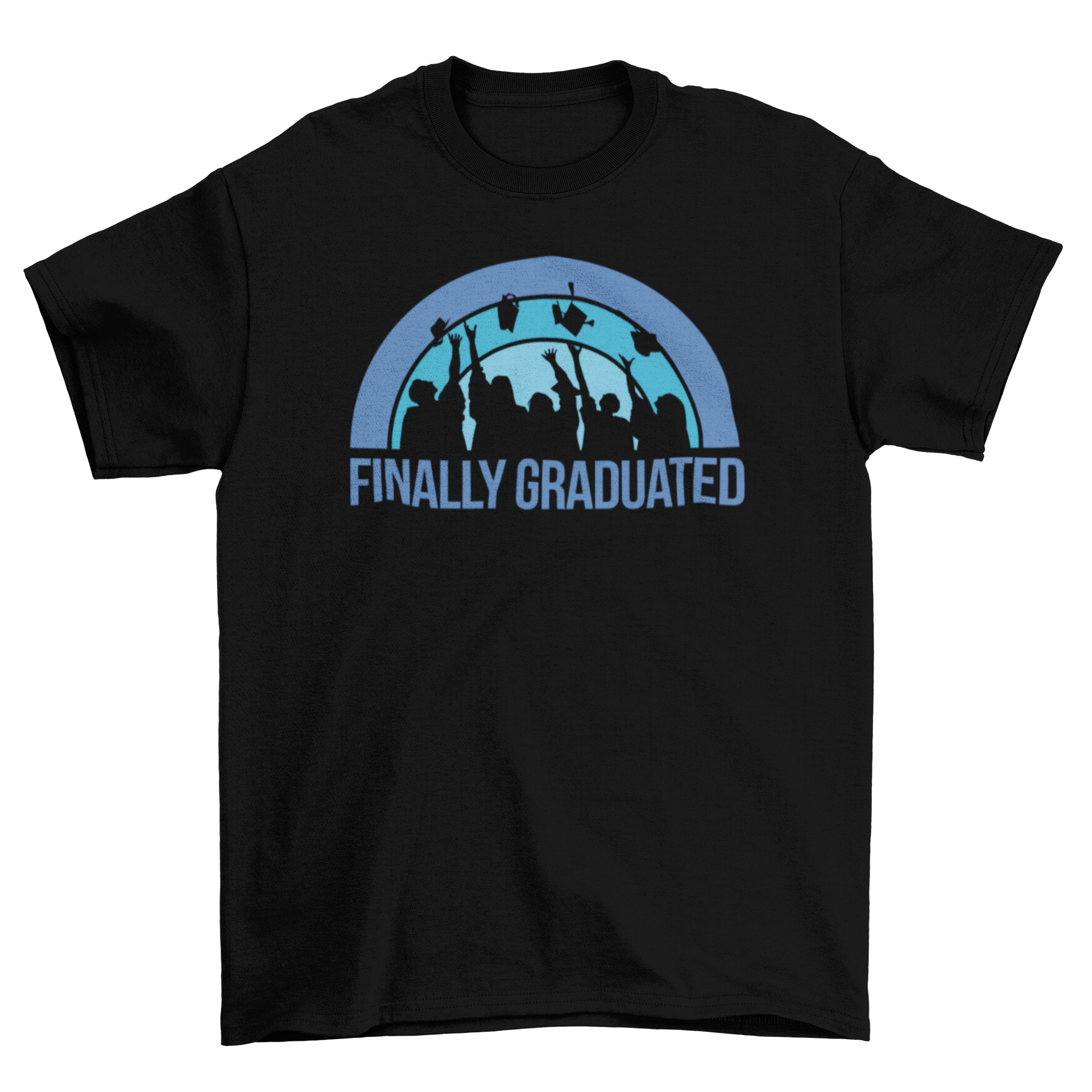 A stylish T-shirt featuring a group of graduates with the text 'FINALLY GRADUATED' in bold letters, celebrating academic achievement.