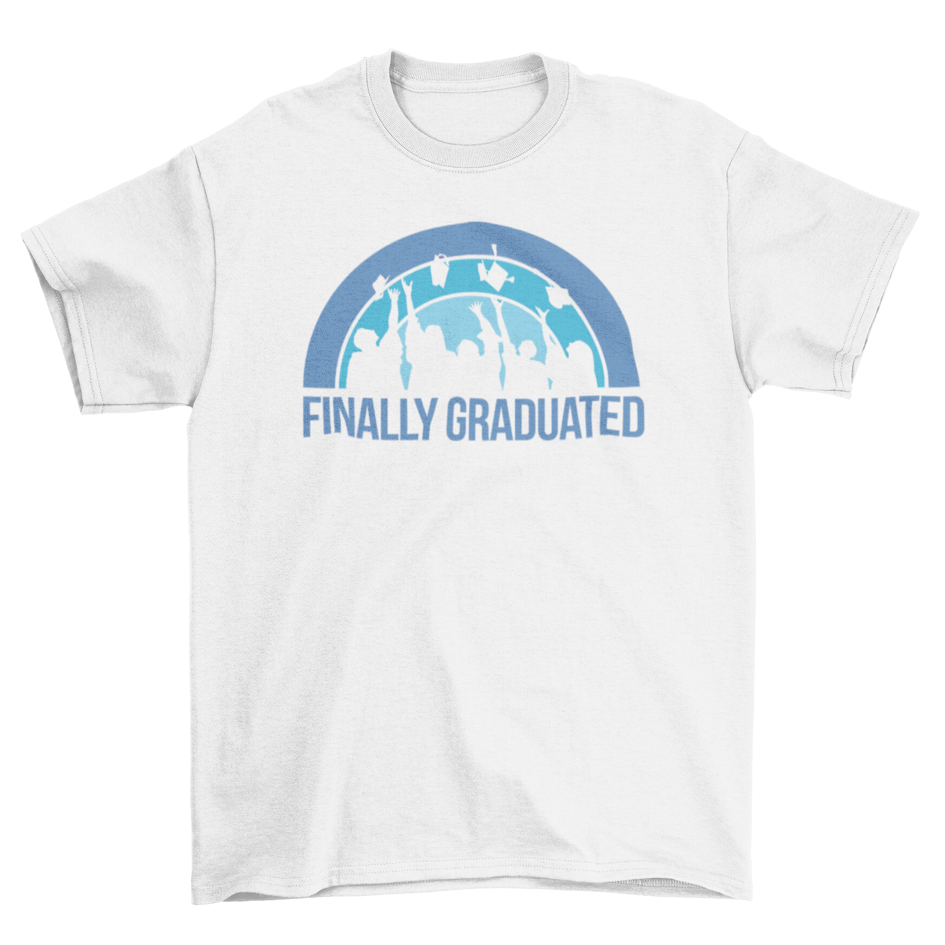 A stylish T-shirt featuring a group of graduates with the text 'FINALLY GRADUATED' in bold letters, celebrating academic achievement.