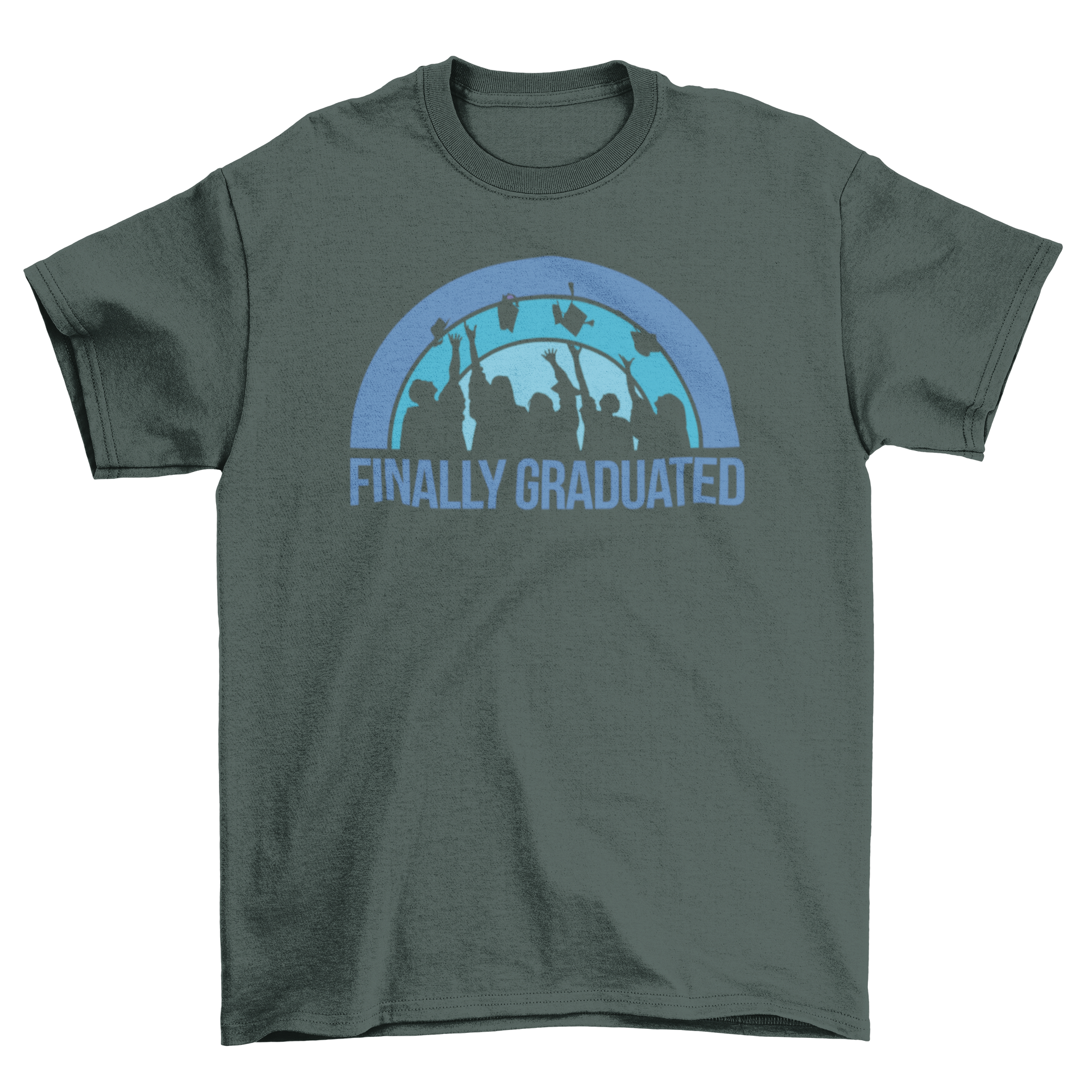 A stylish T-shirt featuring a group of graduates with the text 'FINALLY GRADUATED' in bold letters, celebrating academic achievement.