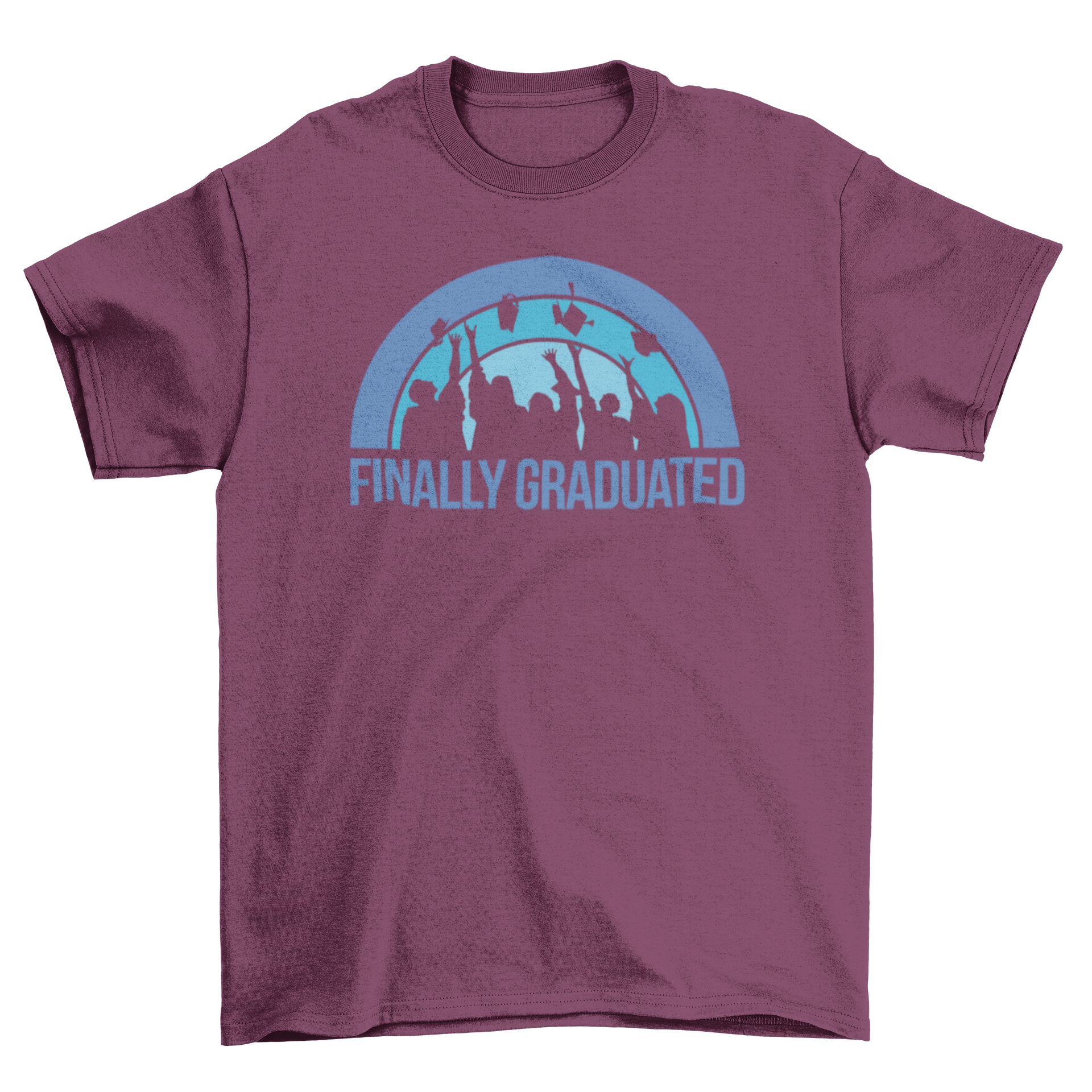 A stylish T-shirt featuring a group of graduates with the text 'FINALLY GRADUATED' in bold letters, celebrating academic achievement.