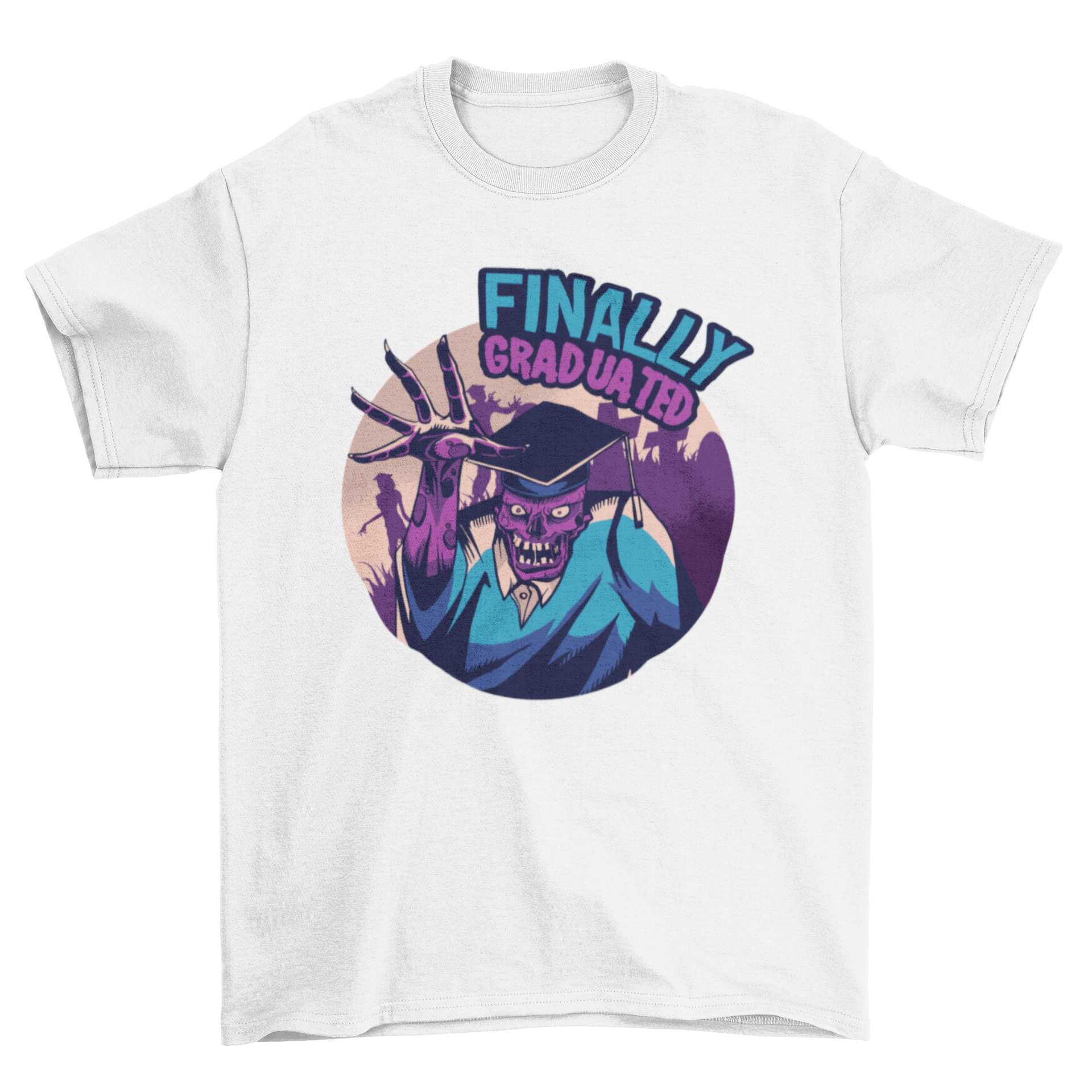 A vibrant t-shirt featuring a purple zombie in a graduation hat and robe, perfect for celebrating graduation.