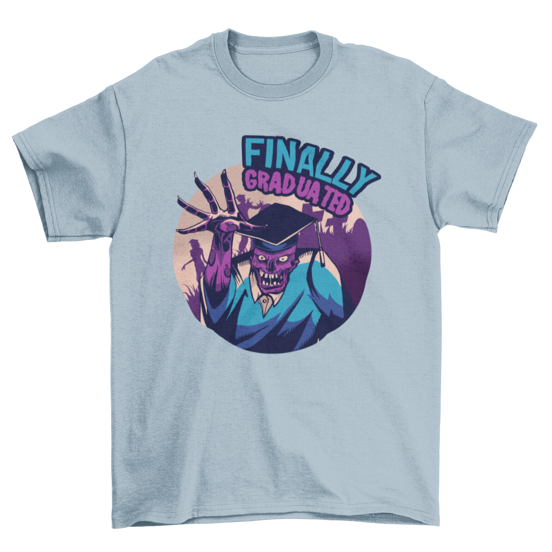 A vibrant t-shirt featuring a purple zombie in a graduation hat and robe, perfect for celebrating graduation.