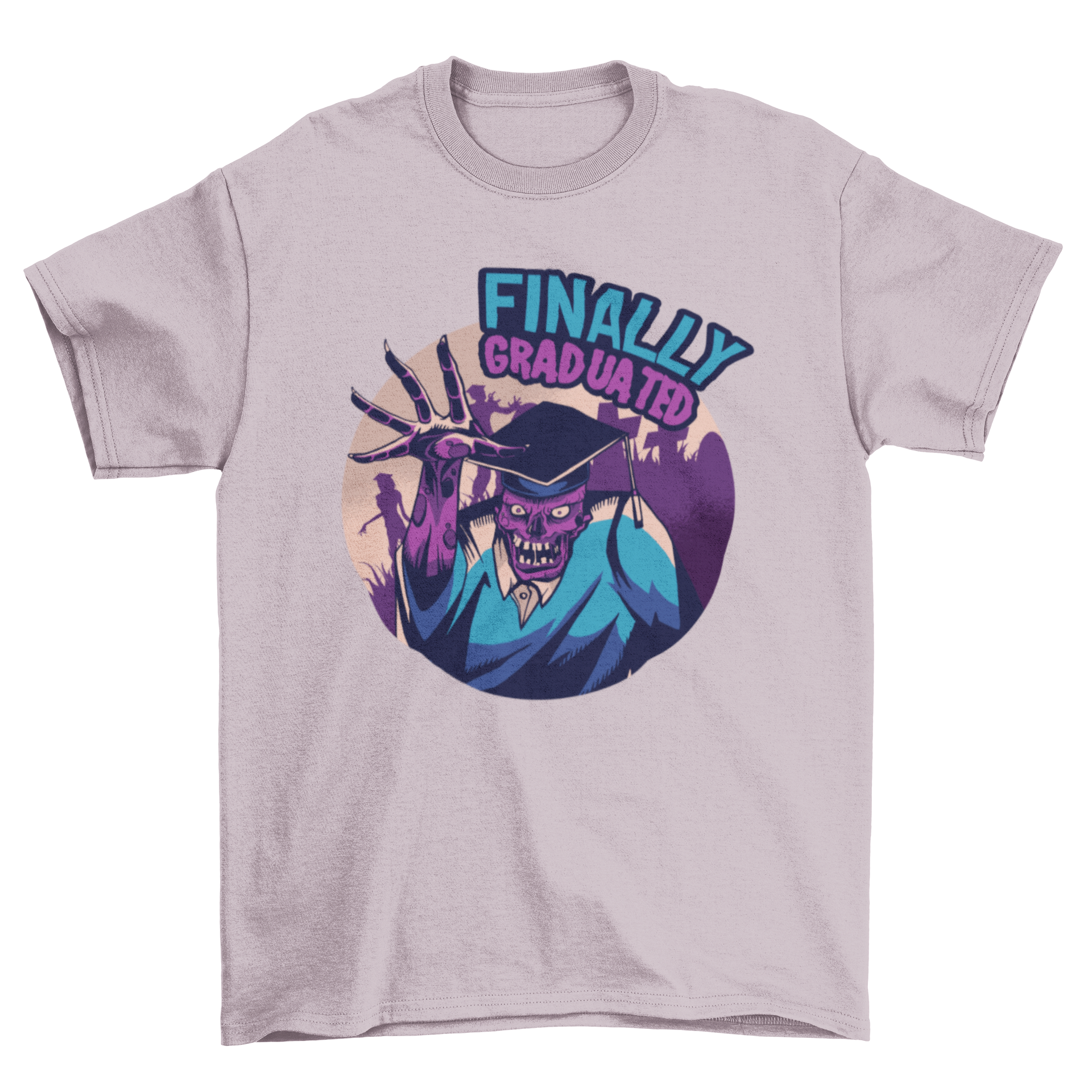 A vibrant t-shirt featuring a purple zombie in a graduation hat and robe, perfect for celebrating graduation.