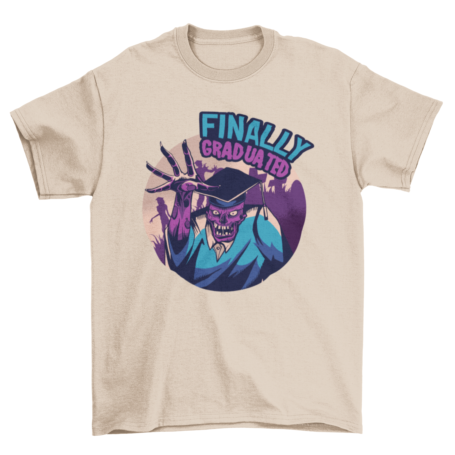 A vibrant t-shirt featuring a purple zombie in a graduation hat and robe, perfect for celebrating graduation.