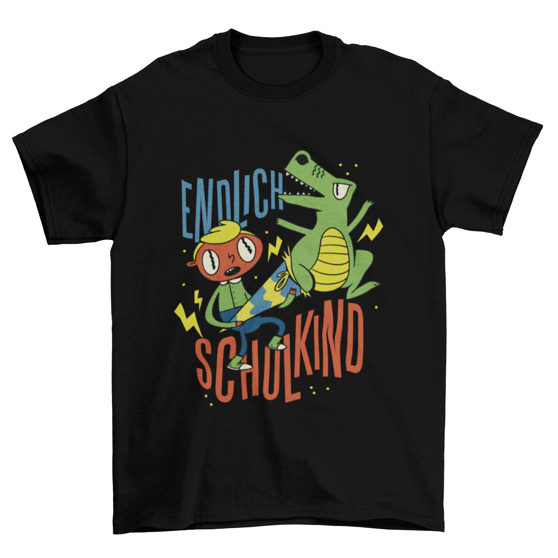 A stylish t-shirt featuring the German quote 'Endlich schulkind' in bold letters, perfect for celebrating a child's first day of school.