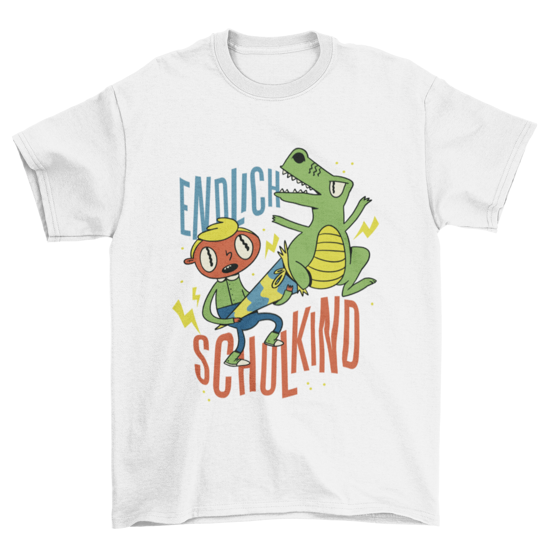 A stylish t-shirt featuring the German quote 'Endlich schulkind' in bold letters, perfect for celebrating a child's first day of school.