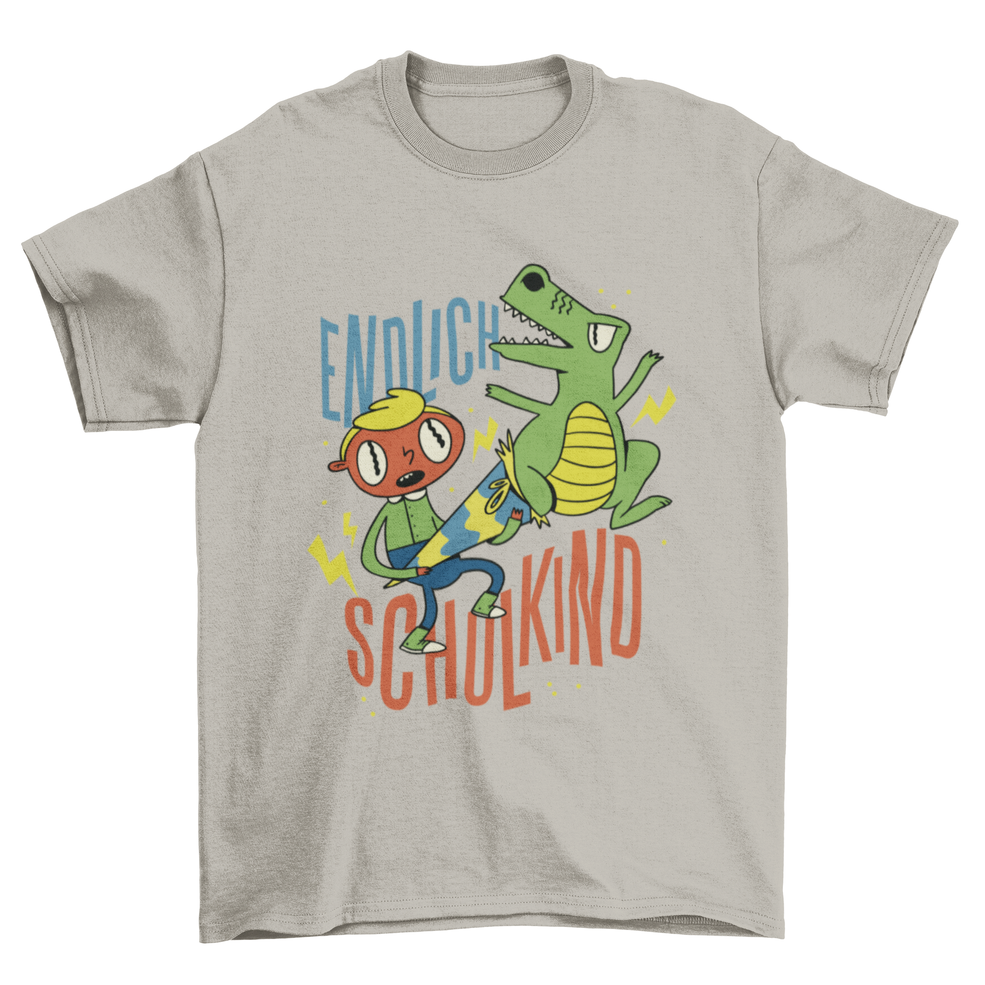 A stylish t-shirt featuring the German quote 'Endlich schulkind' in bold letters, perfect for celebrating a child's first day of school.