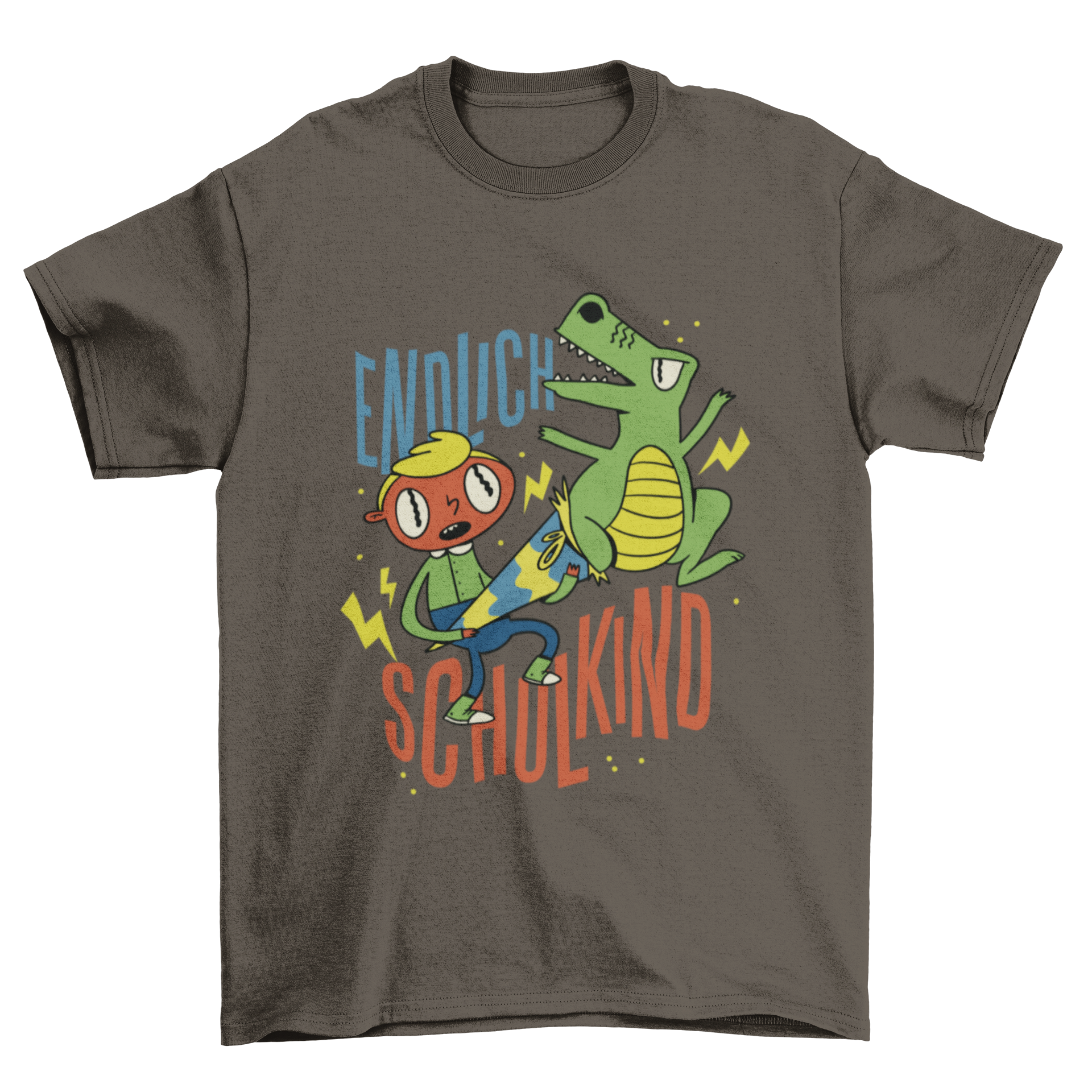 A stylish t-shirt featuring the German quote 'Endlich schulkind' in bold letters, perfect for celebrating a child's first day of school.