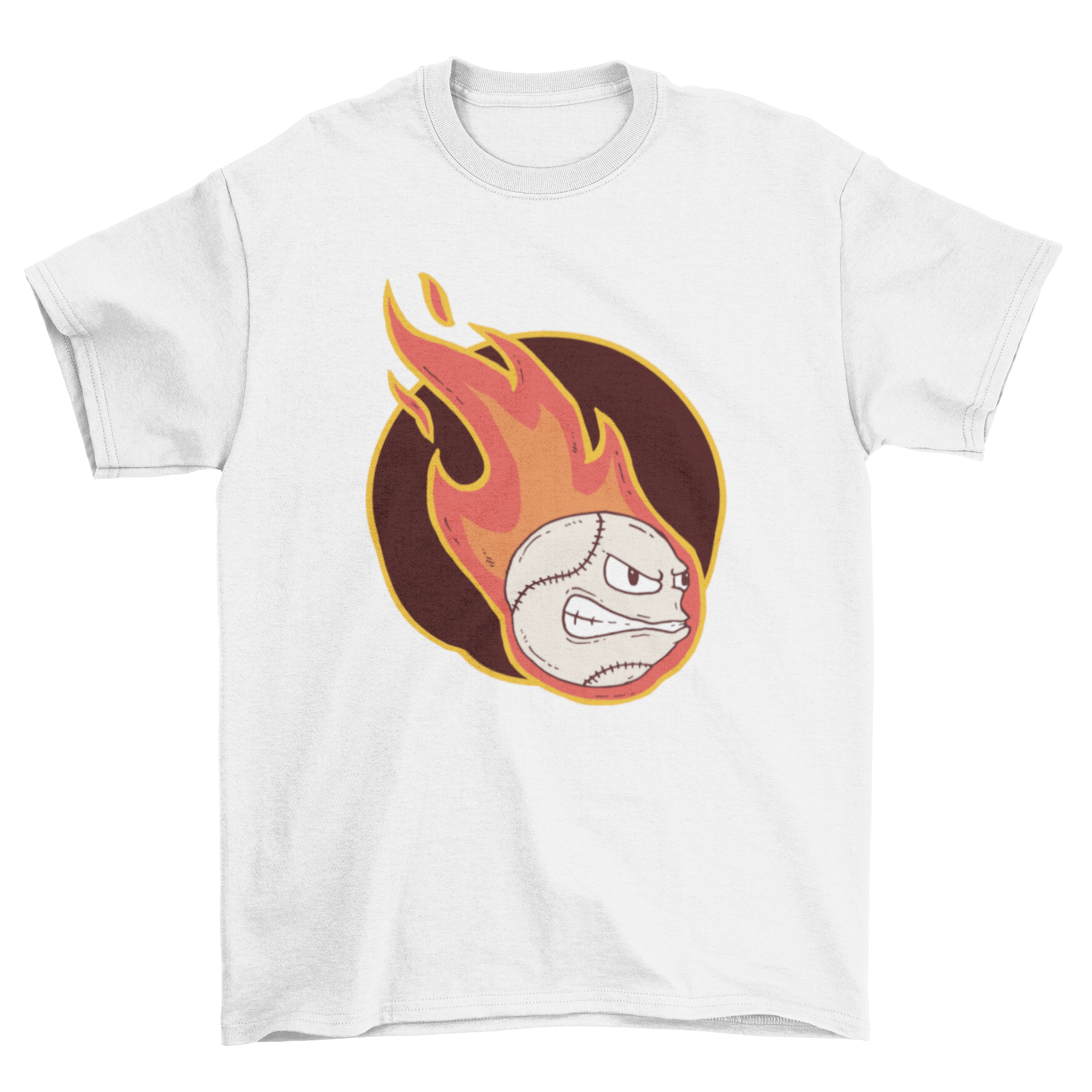 Fire Baseball T-shirt featuring a flaming baseball graphic with a face.