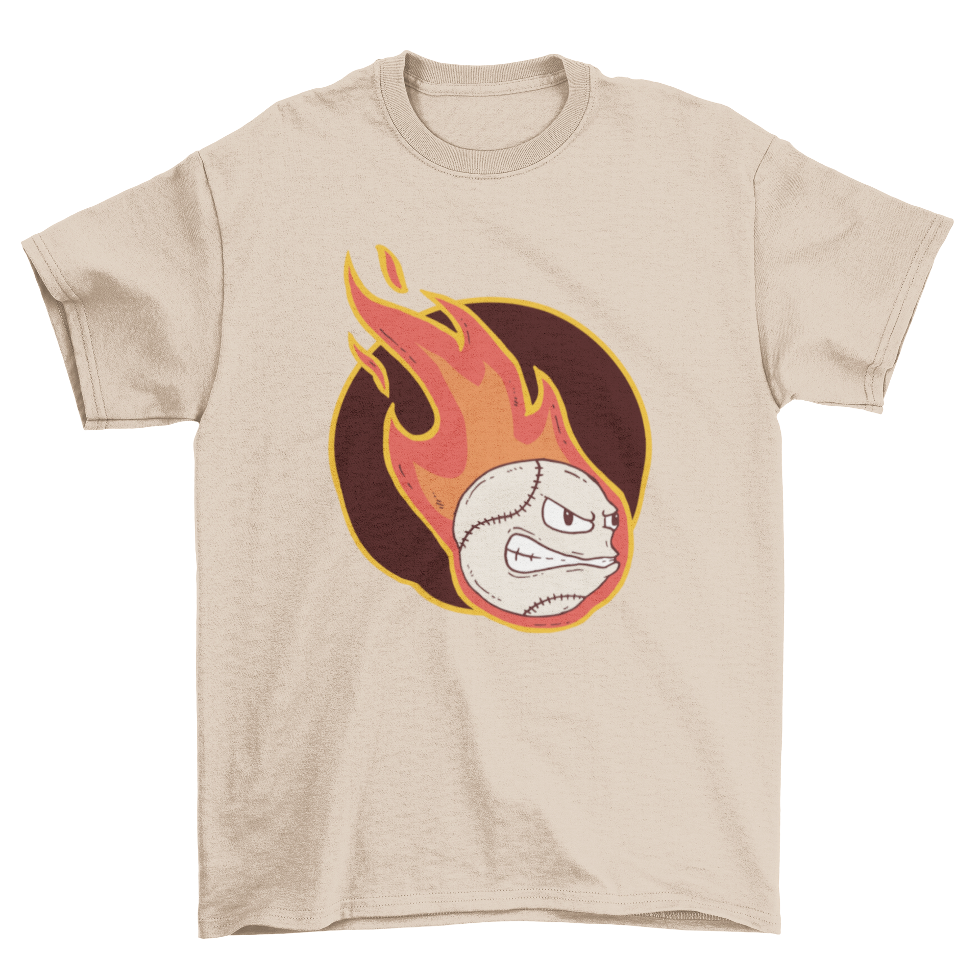 Fire Baseball T-shirt featuring a flaming baseball graphic with a face.