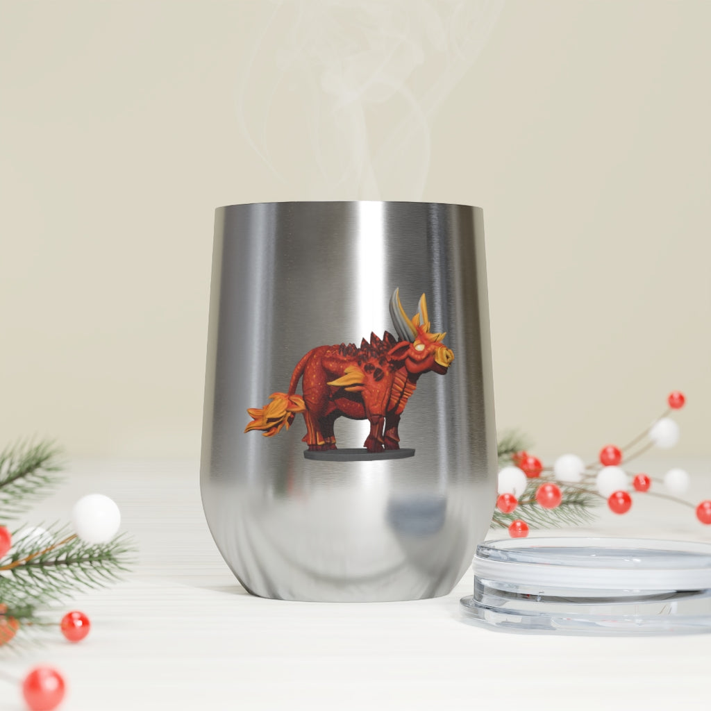 Fire Bull 12oz Insulated Wine Tumbler with clear lid, showcasing its stylish design and stainless steel construction.