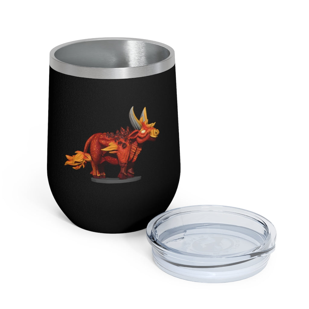 Fire Bull 12oz Insulated Wine Tumbler with clear lid, showcasing its stylish design and stainless steel construction.