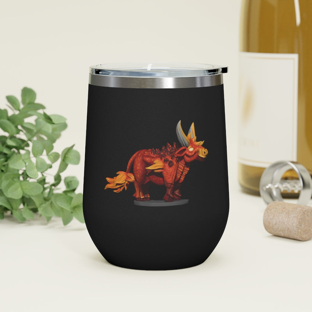 Fire Bull 12oz Insulated Wine Tumbler with clear lid, showcasing its stylish design and stainless steel construction.