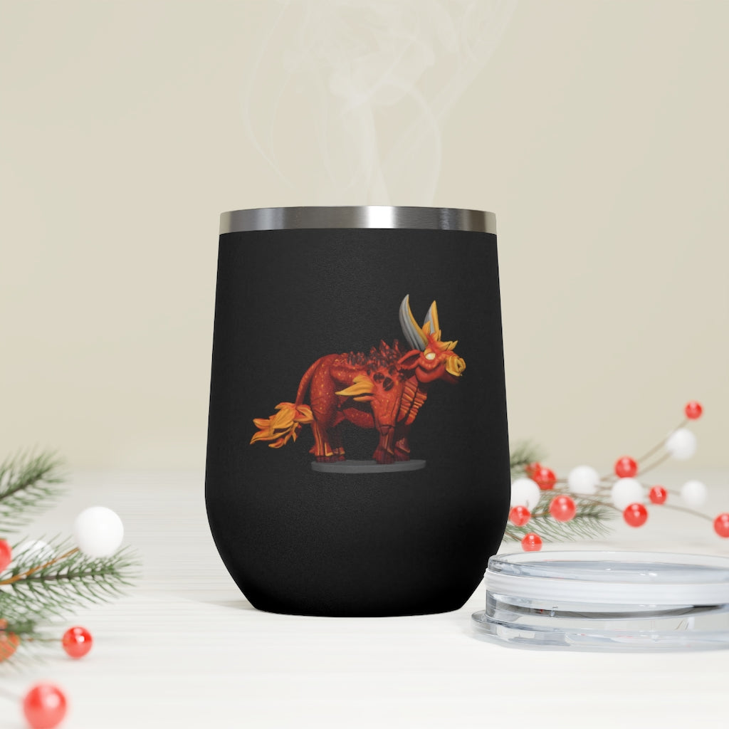 Fire Bull 12oz Insulated Wine Tumbler with clear lid, showcasing its stylish design and stainless steel construction.