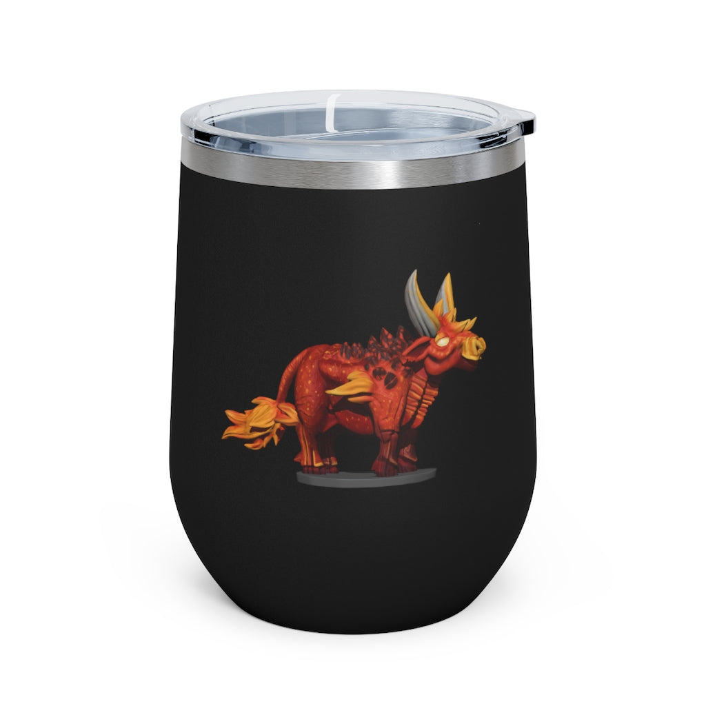 Fire Bull 12oz Insulated Wine Tumbler with clear lid, showcasing its stylish design and stainless steel construction.