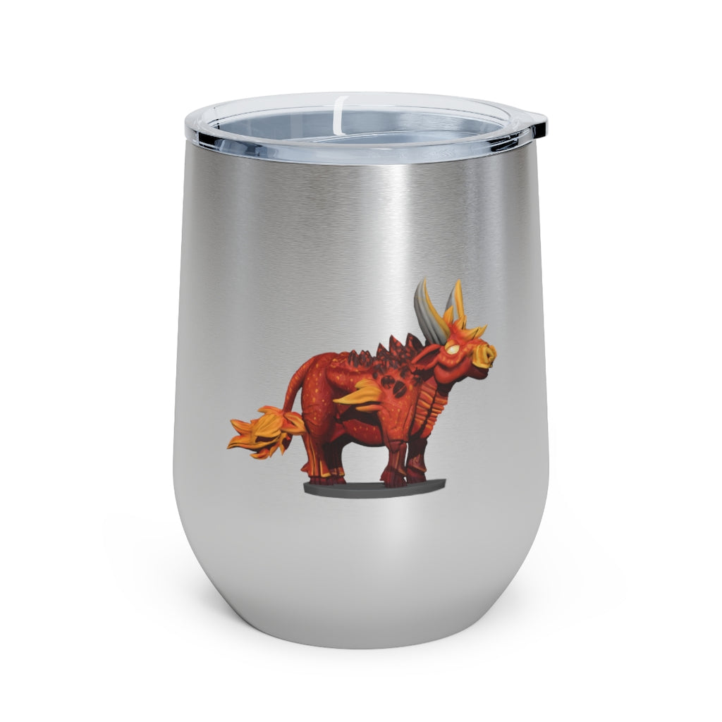 Fire Bull 12oz Insulated Wine Tumbler with clear lid, showcasing its stylish design and stainless steel construction.