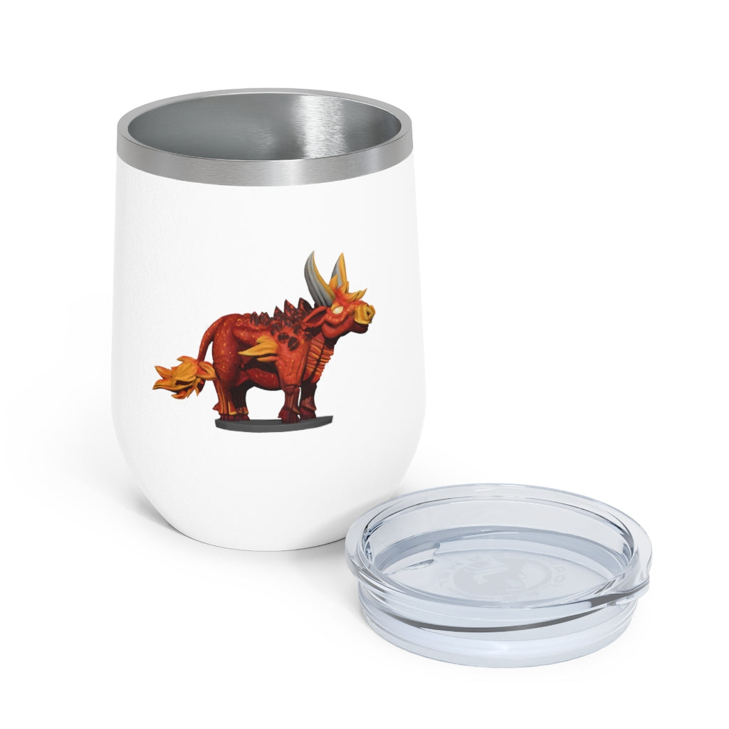 Fire Bull 12oz Insulated Wine Tumbler with clear lid, showcasing its stylish design and stainless steel construction.