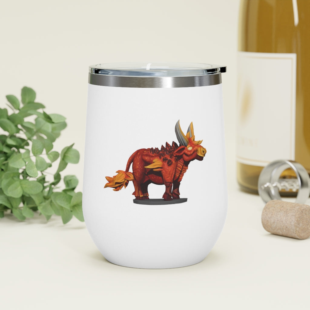 Fire Bull 12oz Insulated Wine Tumbler with clear lid, showcasing its stylish design and stainless steel construction.