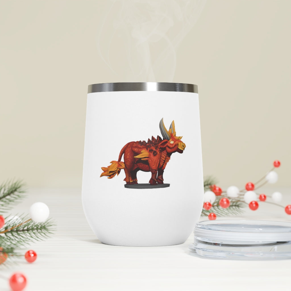 Fire Bull 12oz Insulated Wine Tumbler with clear lid, showcasing its stylish design and stainless steel construction.