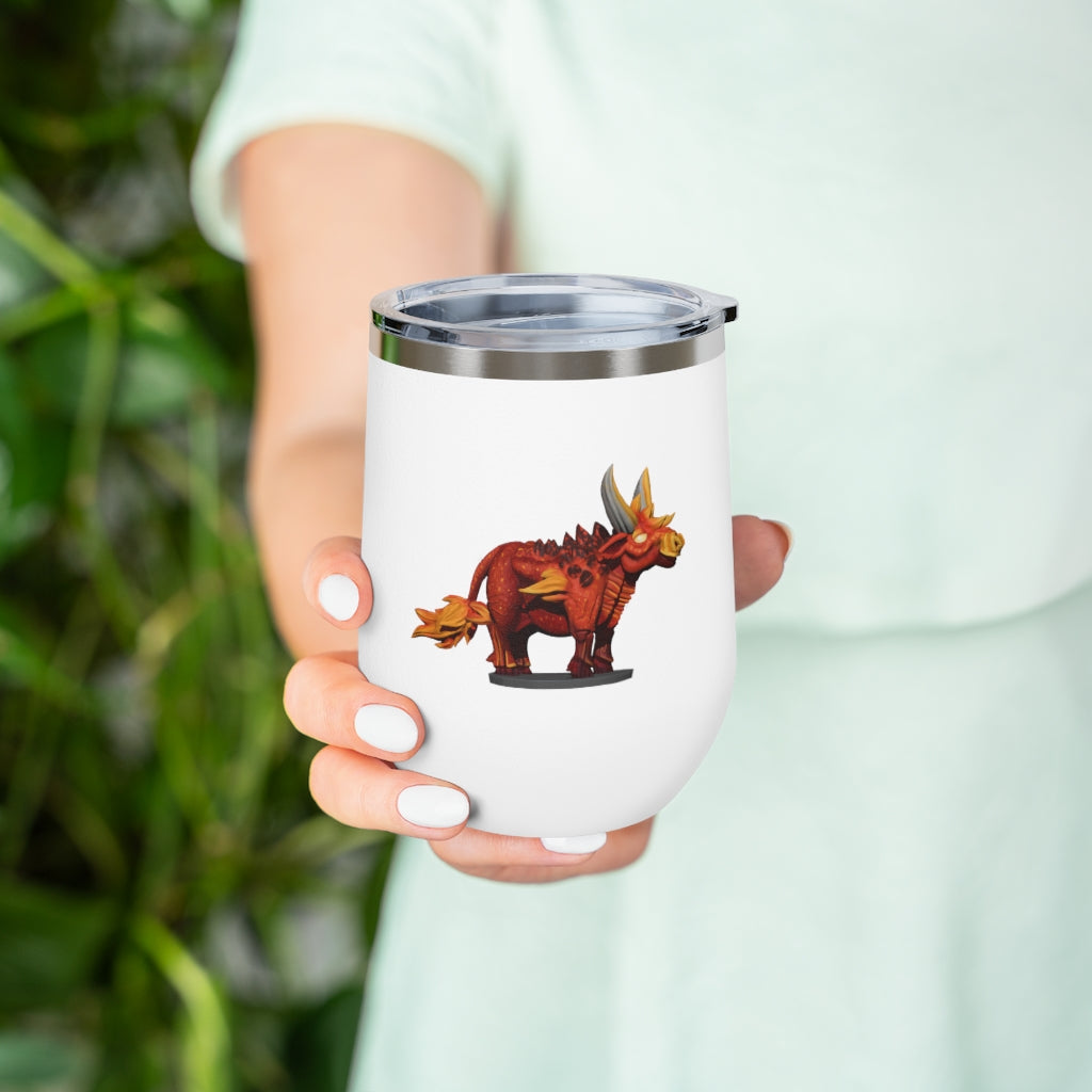 Fire Bull 12oz Insulated Wine Tumbler with clear lid, showcasing its stylish design and stainless steel construction.