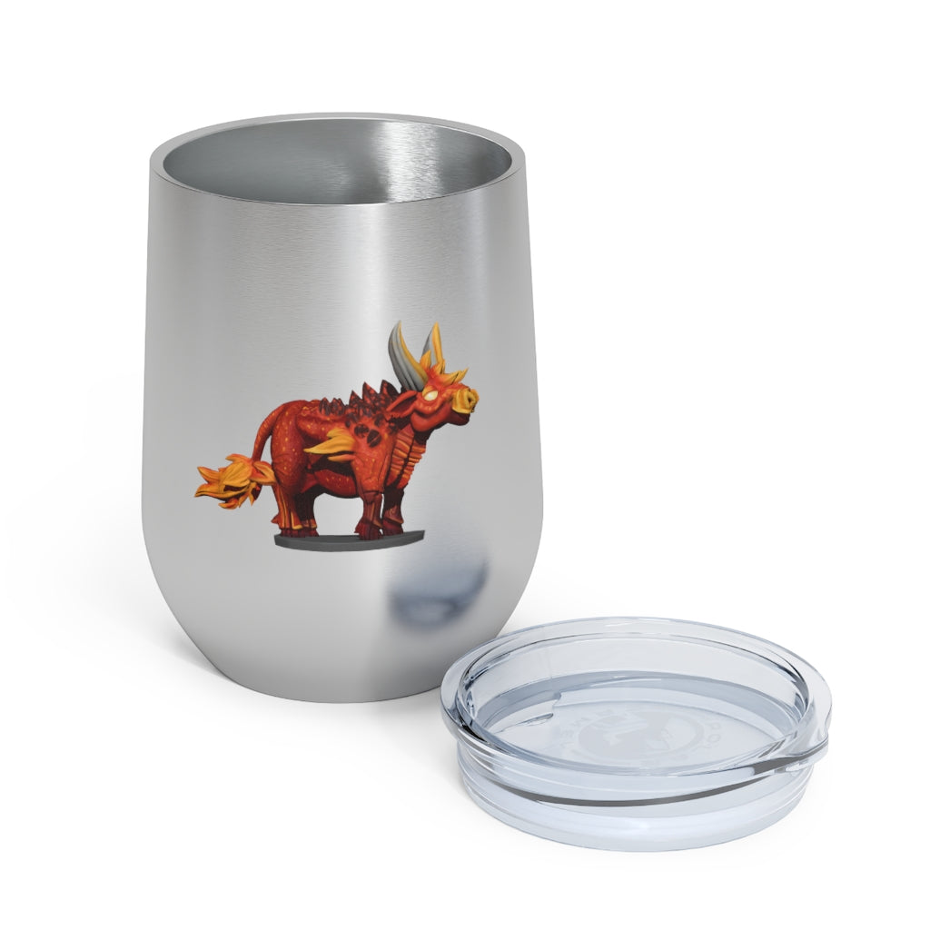 Fire Bull 12oz Insulated Wine Tumbler with clear lid, showcasing its stylish design and stainless steel construction.