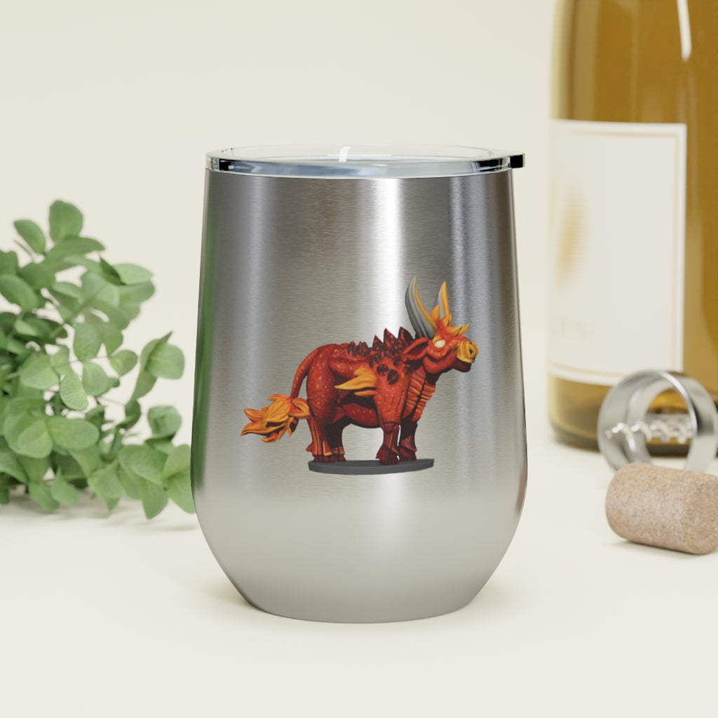 Fire Bull 12oz Insulated Wine Tumbler with clear lid, showcasing its stylish design and stainless steel construction.