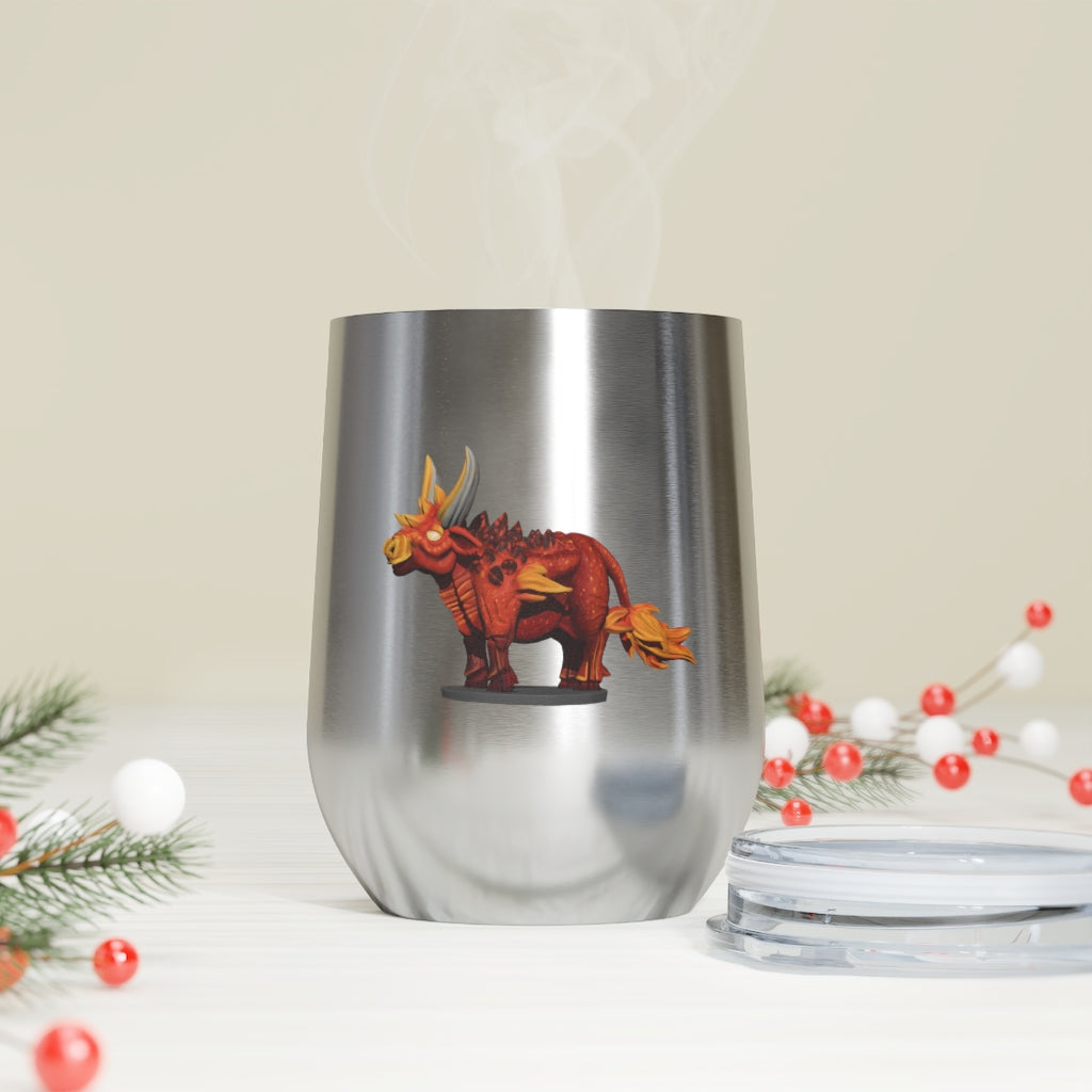 Fire Bull 12oz Insulated Wine Tumbler with clear lid, showcasing its sleek stainless steel design and vibrant colors.