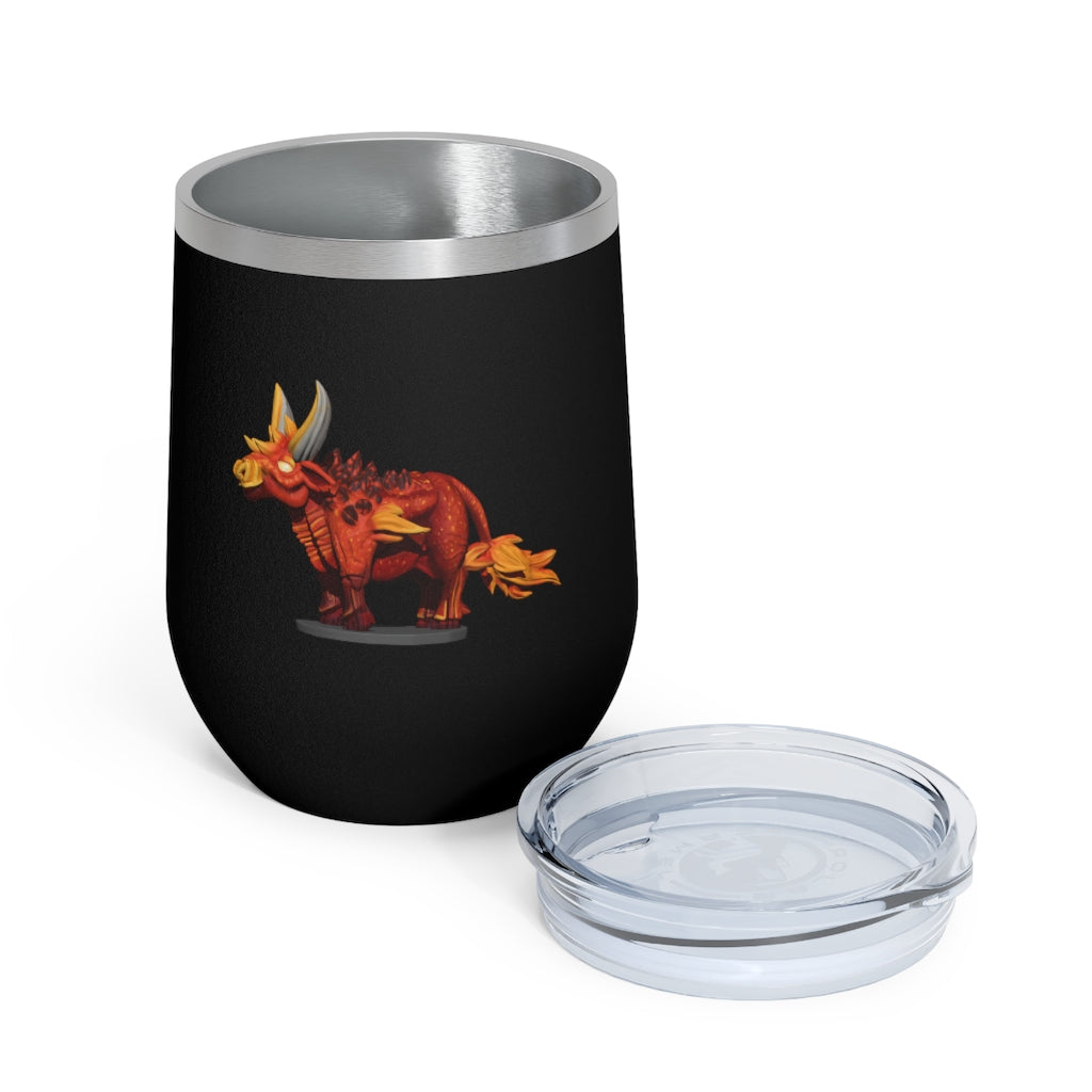 Fire Bull 12oz Insulated Wine Tumbler with clear lid, showcasing its sleek stainless steel design and vibrant colors.