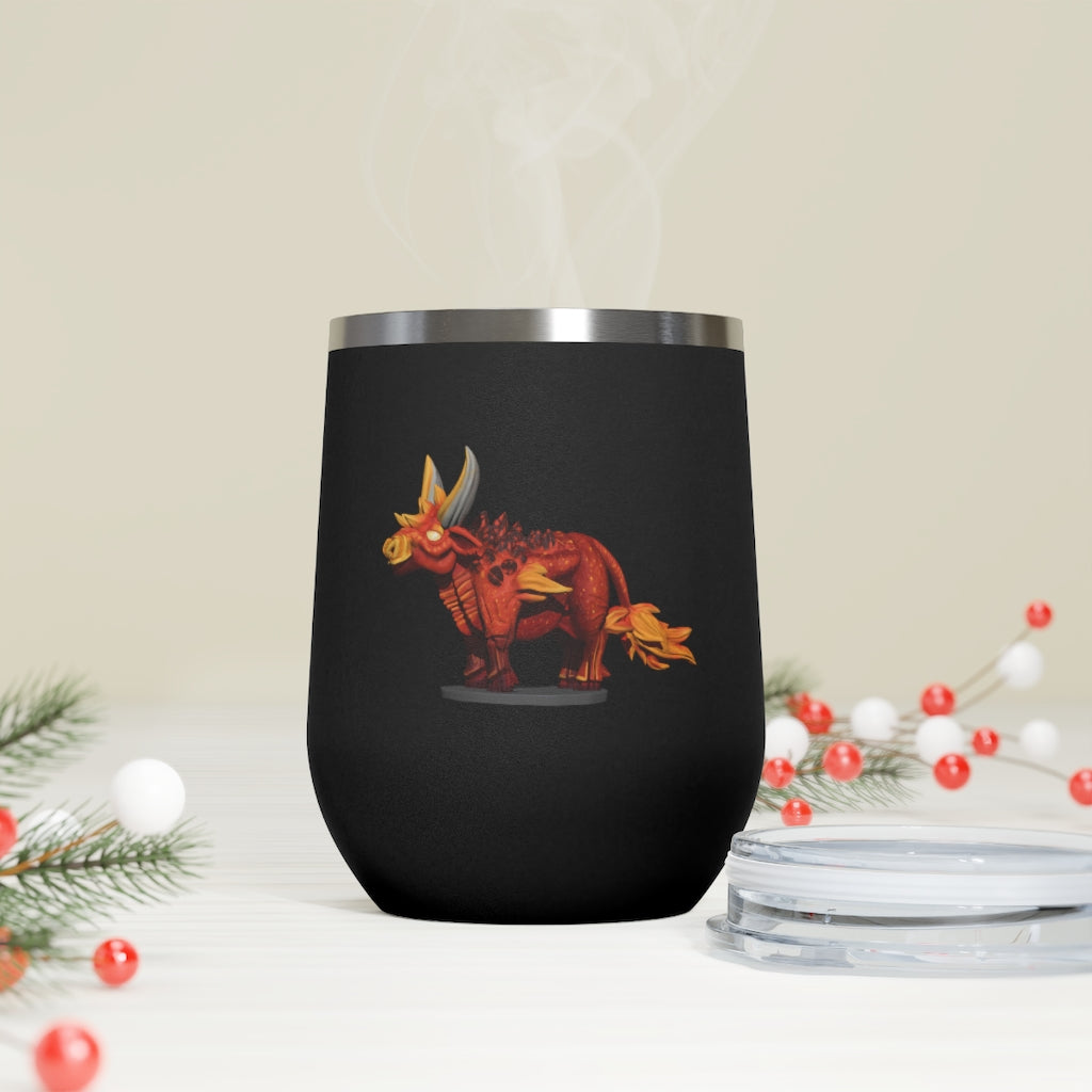 Fire Bull 12oz Insulated Wine Tumbler with clear lid, showcasing its sleek stainless steel design and vibrant colors.