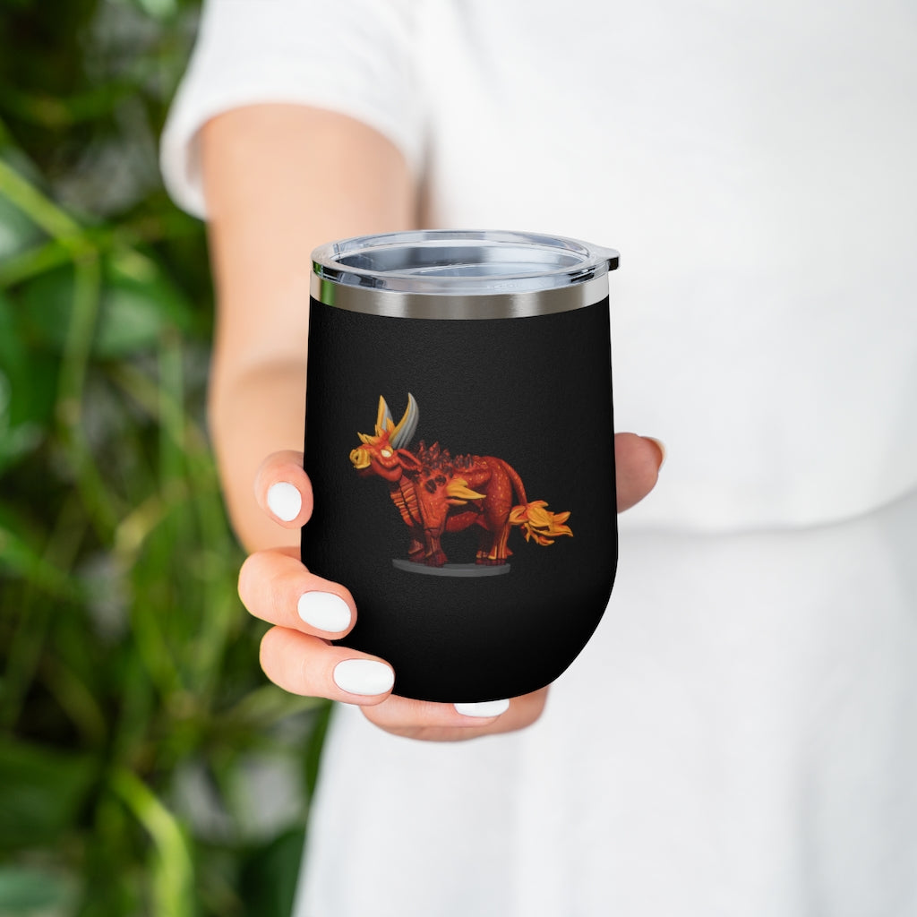 Fire Bull 12oz Insulated Wine Tumbler with clear lid, showcasing its sleek stainless steel design and vibrant colors.