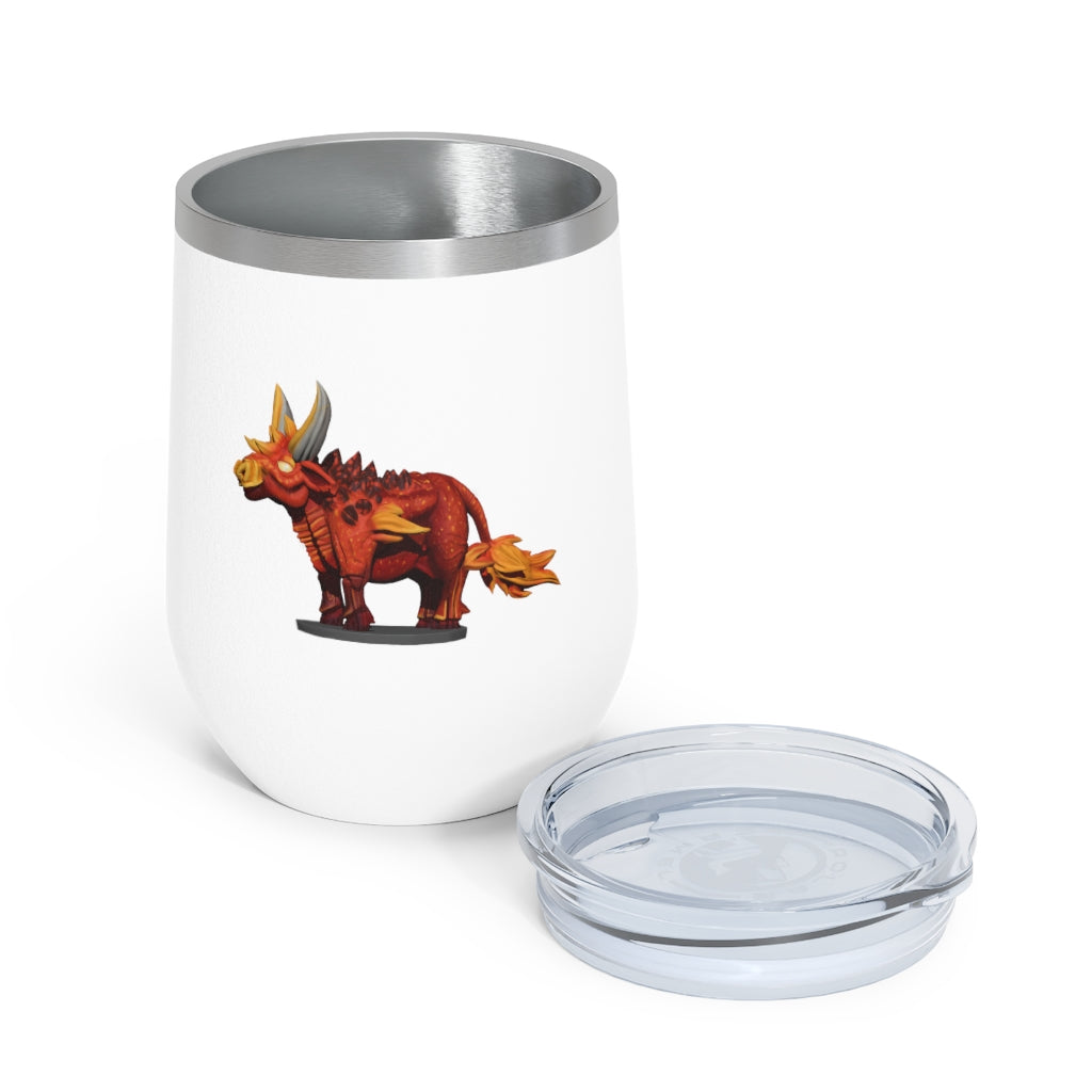 Fire Bull 12oz Insulated Wine Tumbler with clear lid, showcasing its sleek stainless steel design and vibrant colors.